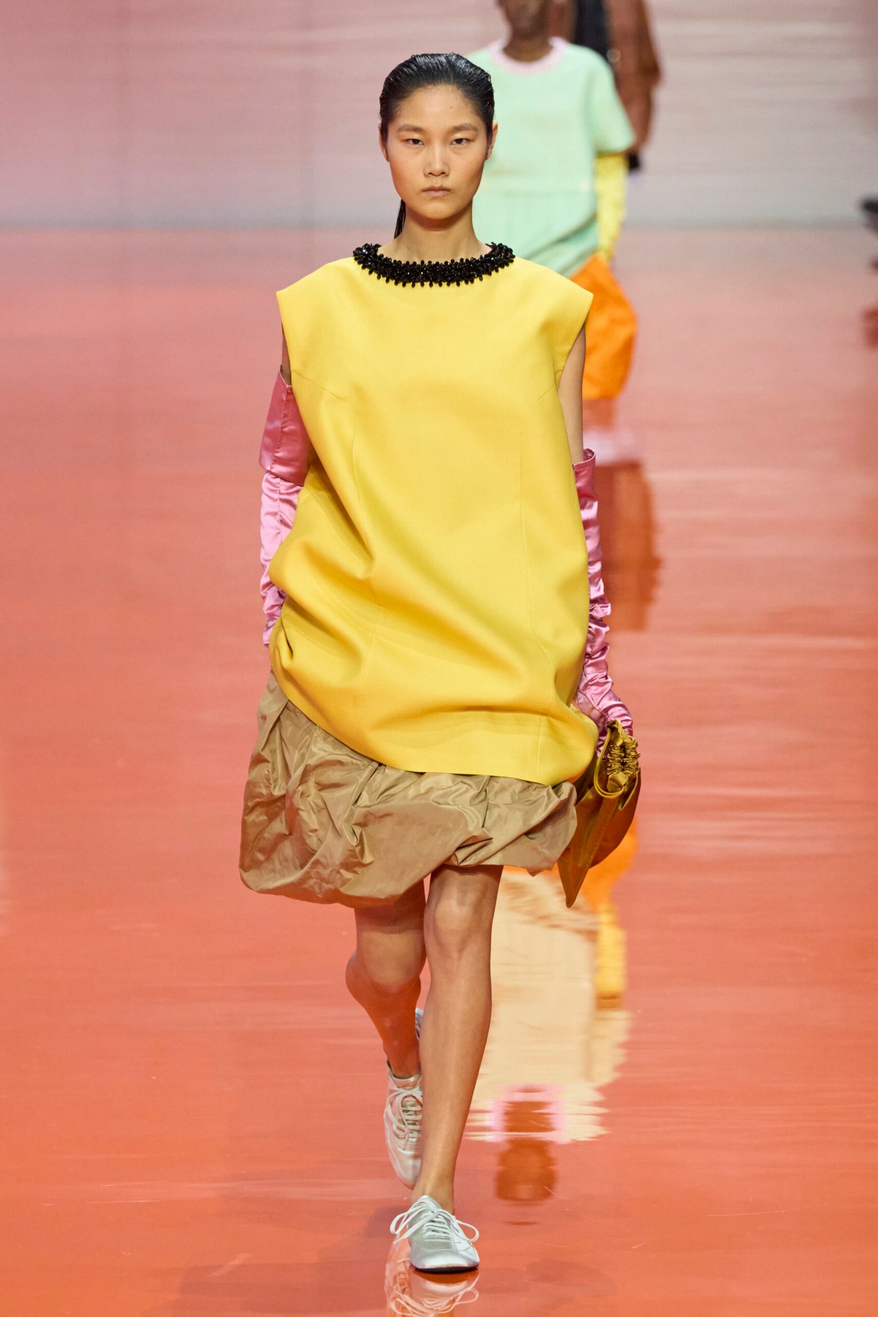 yellow layered dress with pink top