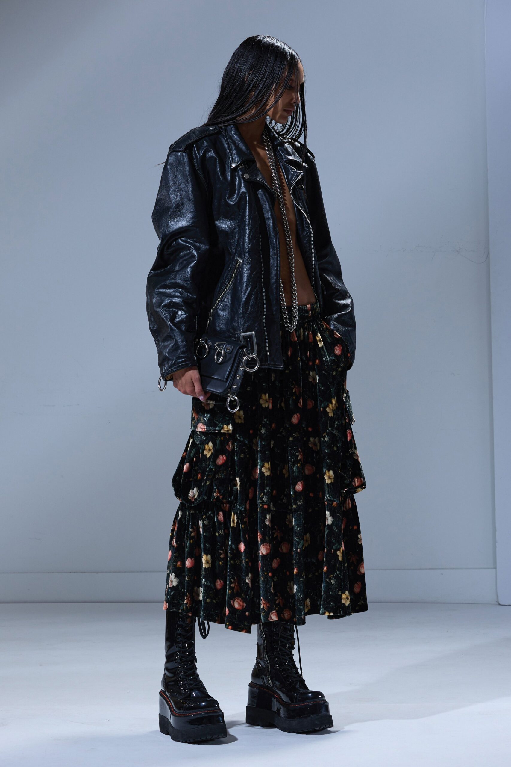 black leather long-sleeve collared oversized zippered jacket