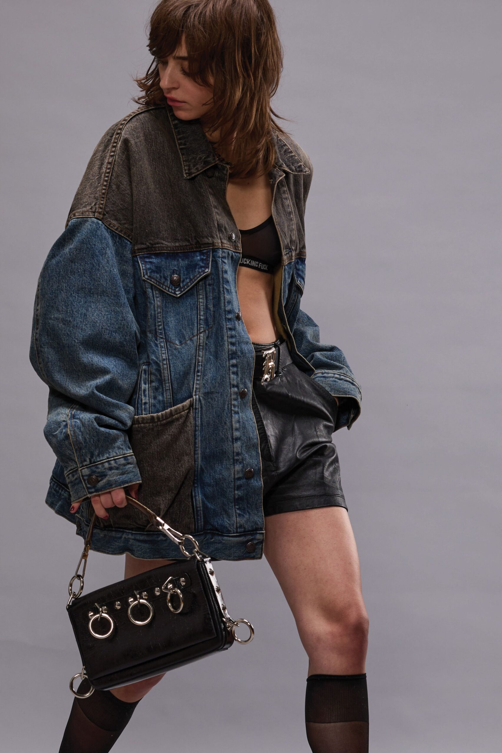 blue denim long-sleeve collared oversized buttoned jacket