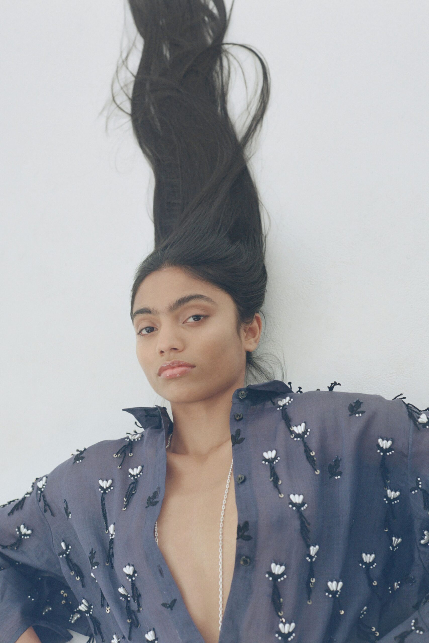 blue sheer embroidered shirt