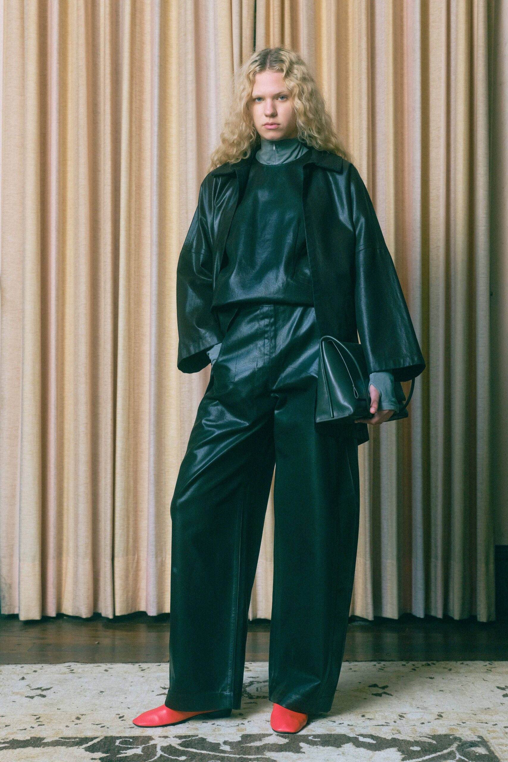 black leather long-sleeve high-neck fitted top
