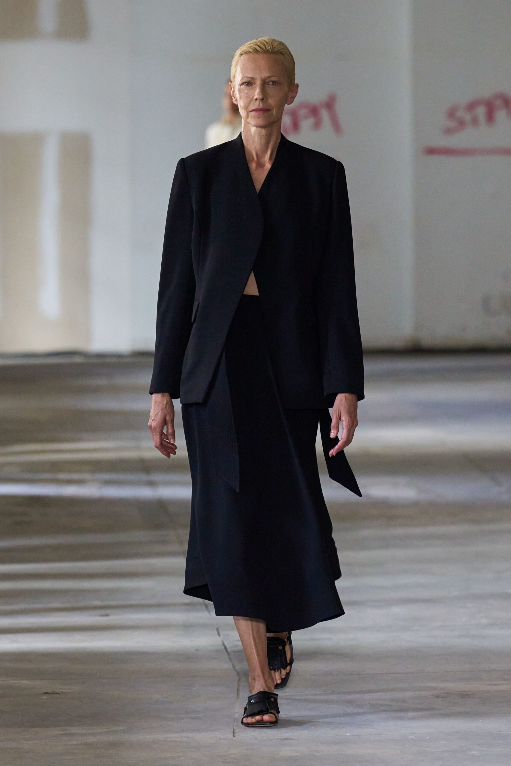 black blazer and midi skirt