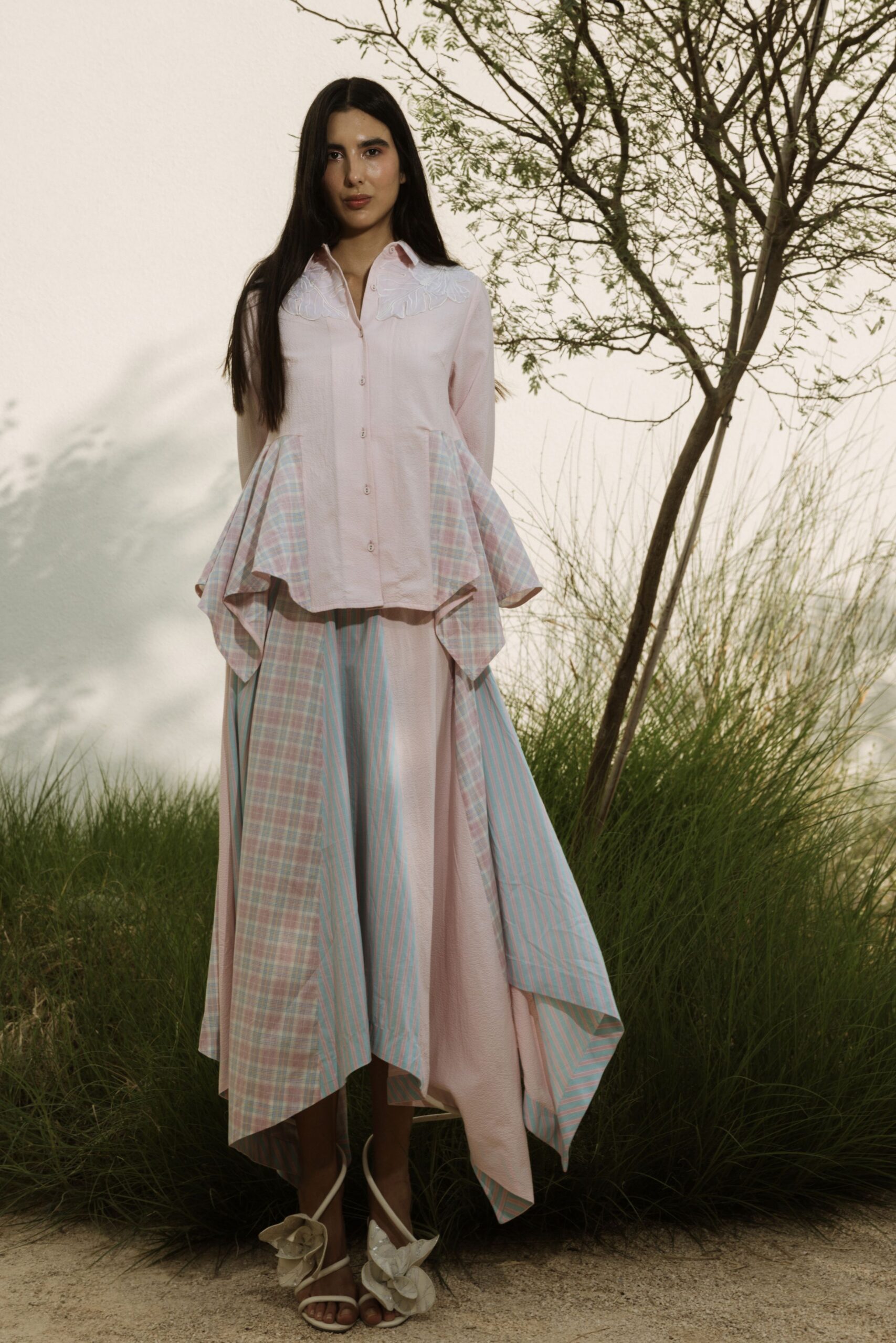 pink cotton asymmetric fitted pleated maxi skirt