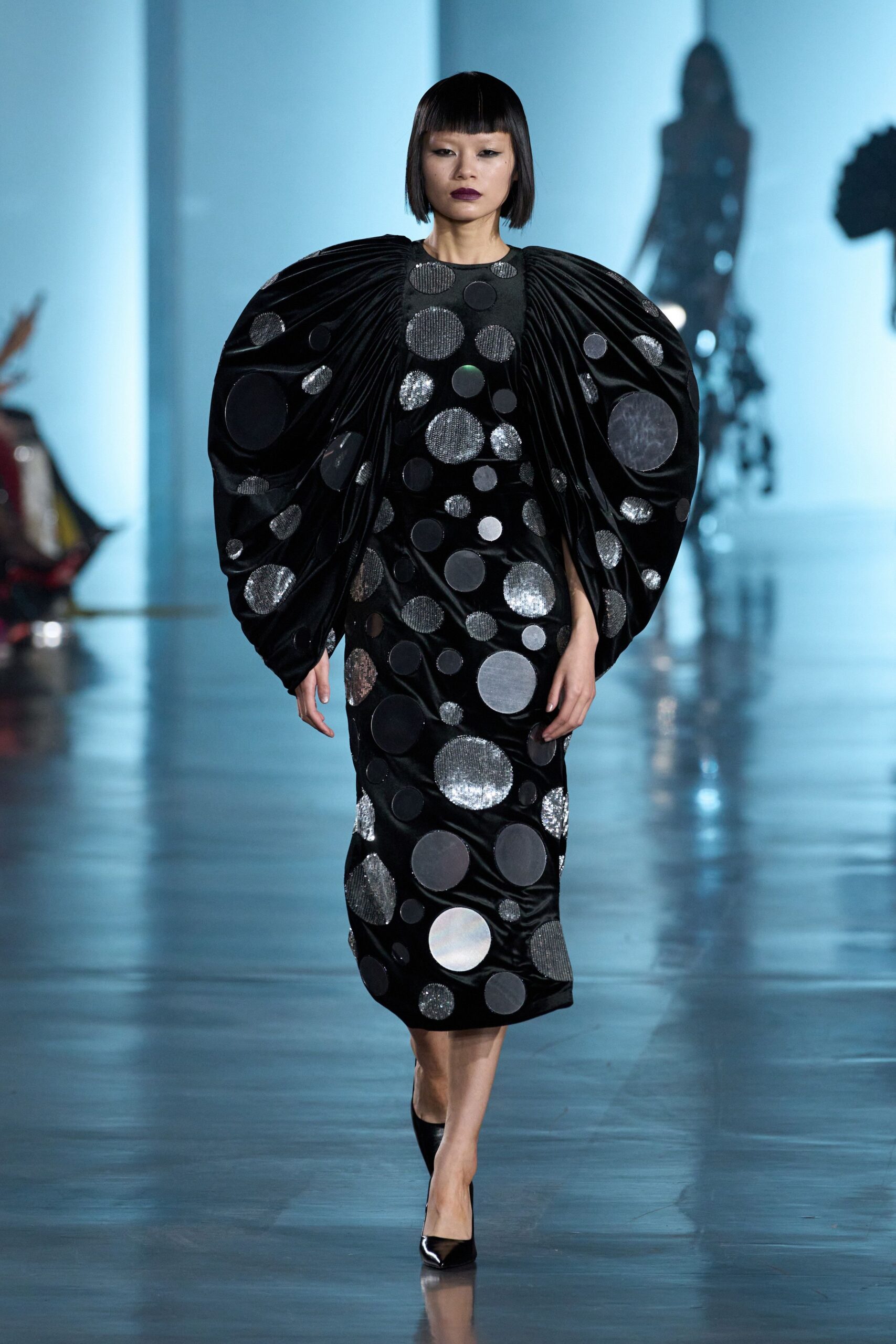 black pleated midi dress with shiny details