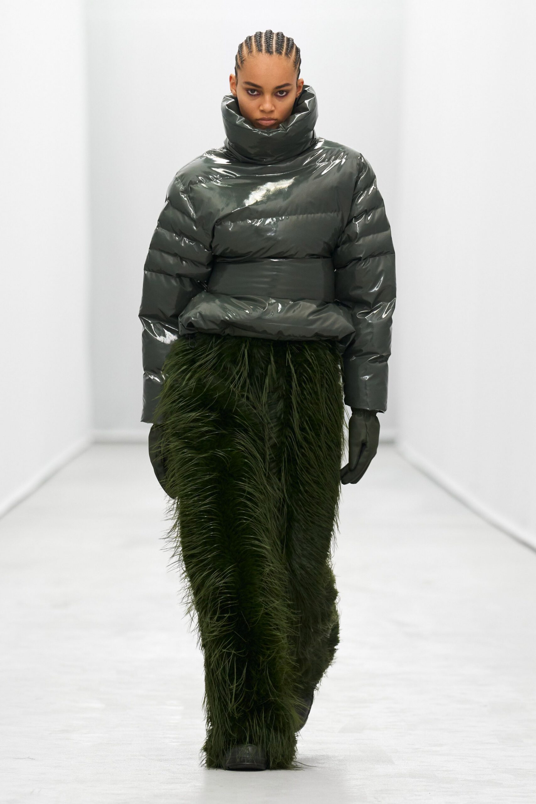 green vinyl long-sleeve high-neck fitted padded shiny jacket