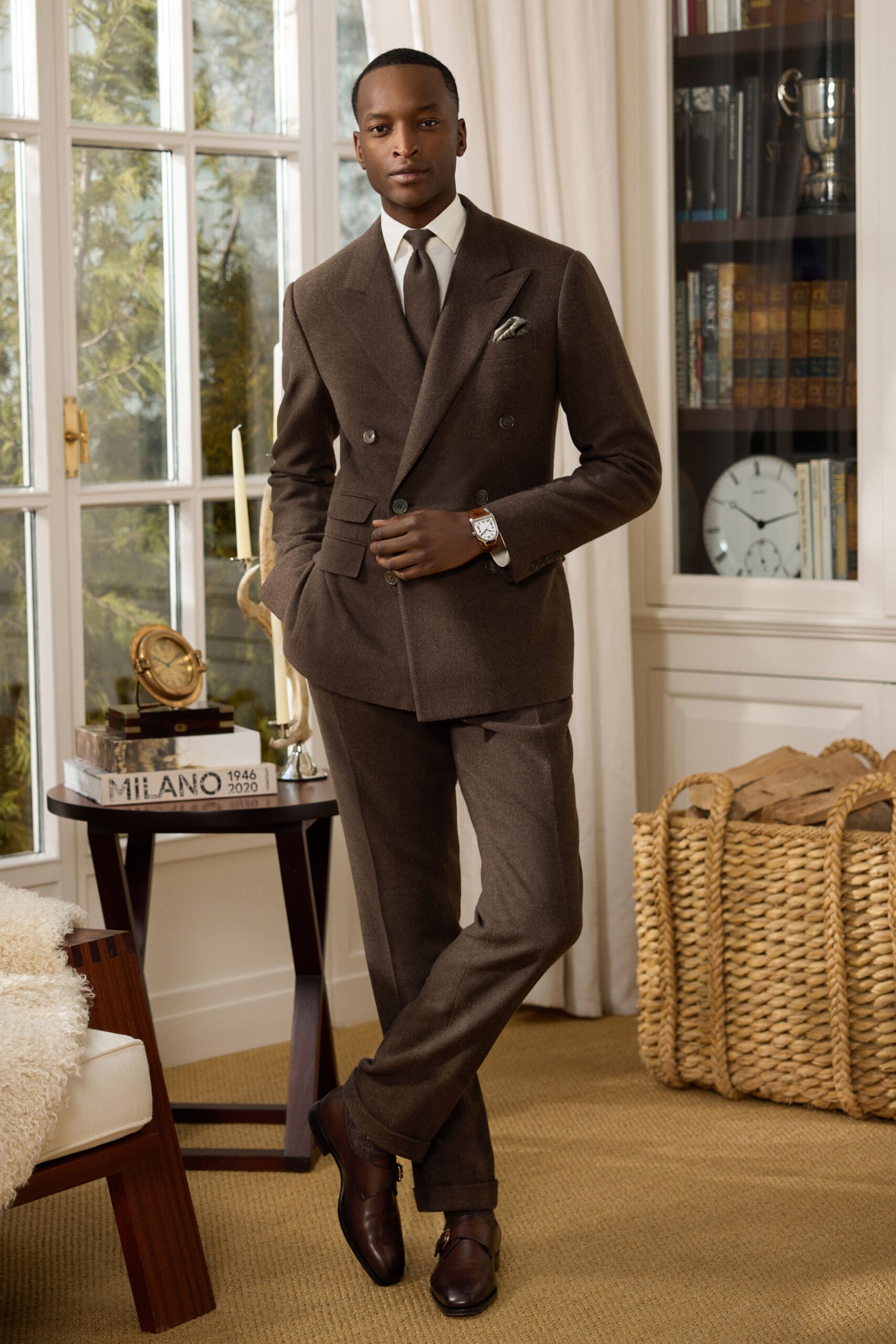 brown tailored suit with tie