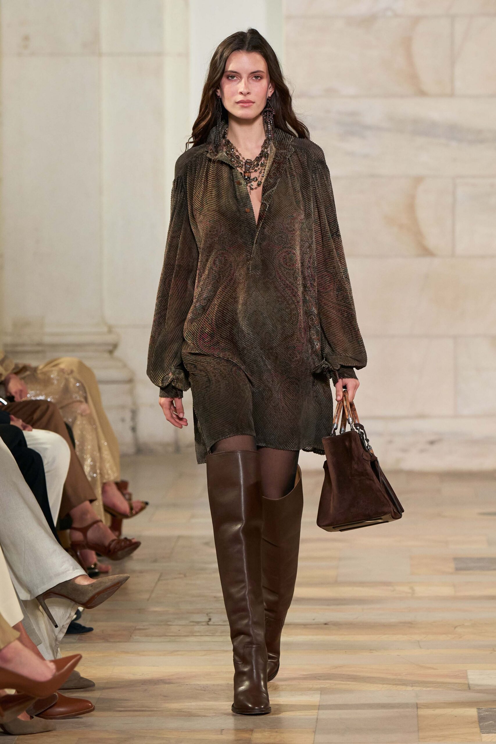 brown silk long-sleeve collared relaxed printed mini dress