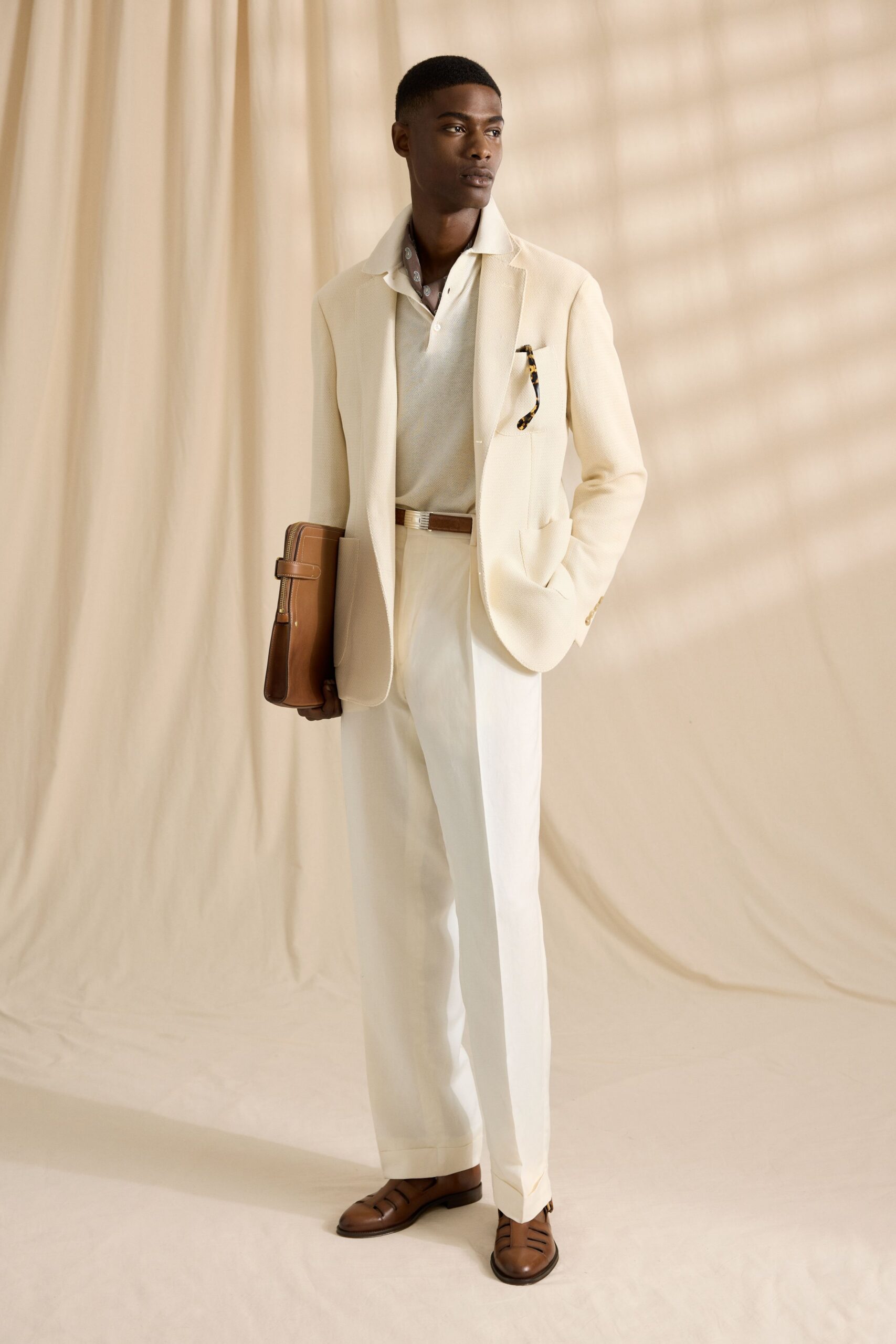 beige tailored blazer with white shirt