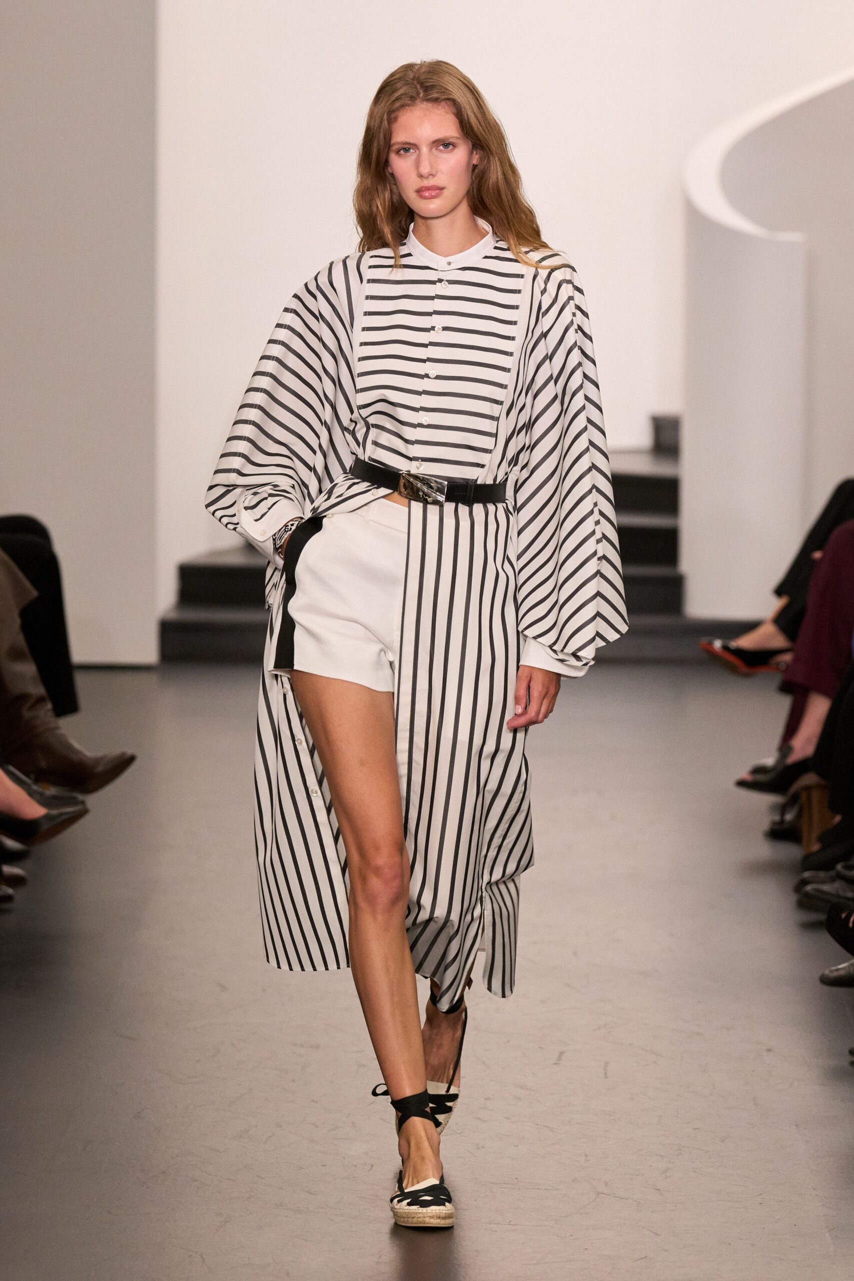 white cotton long-sleeve collared relaxed striped buttoned shirt-dress