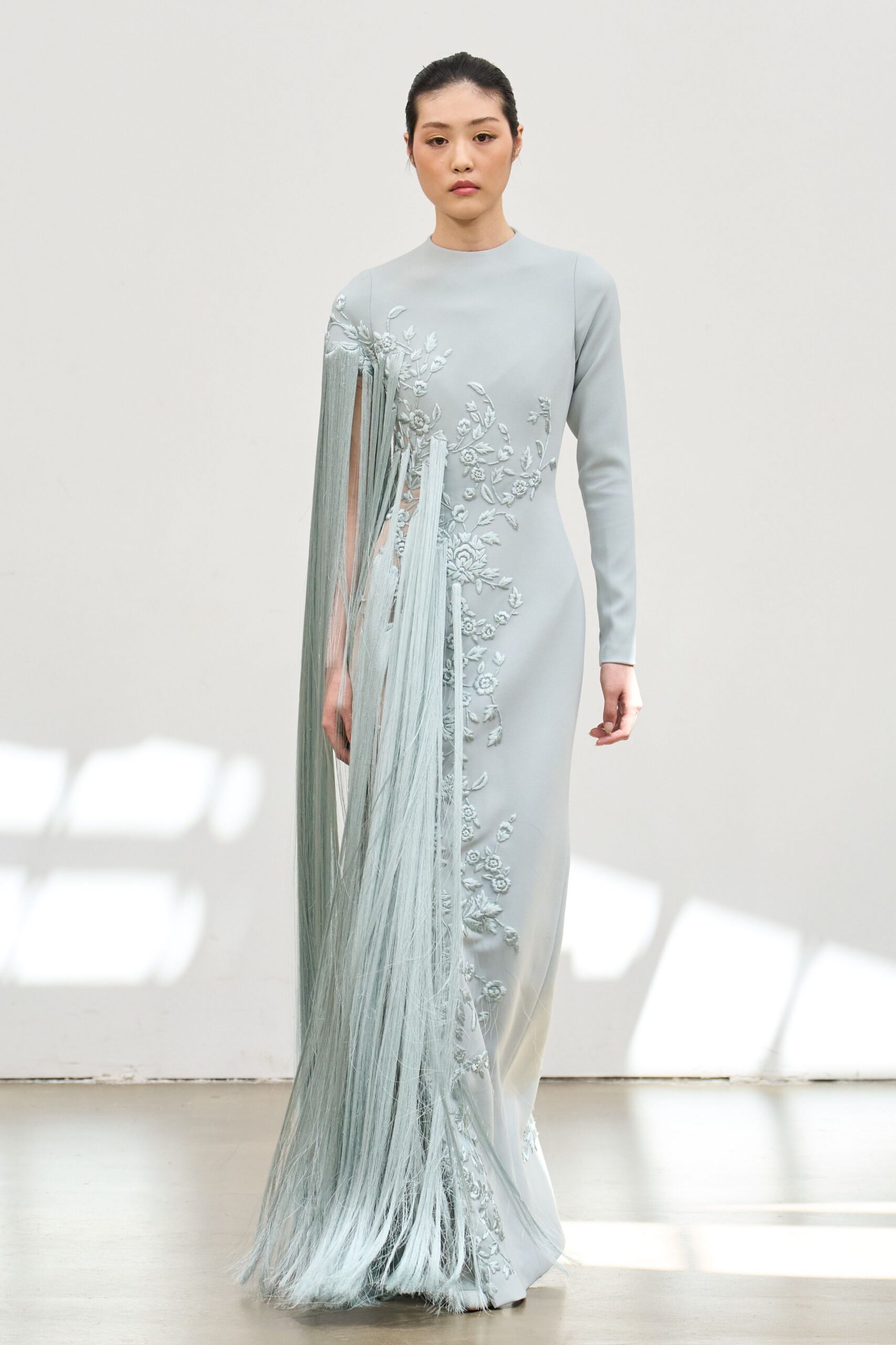blue silk embroidered gown