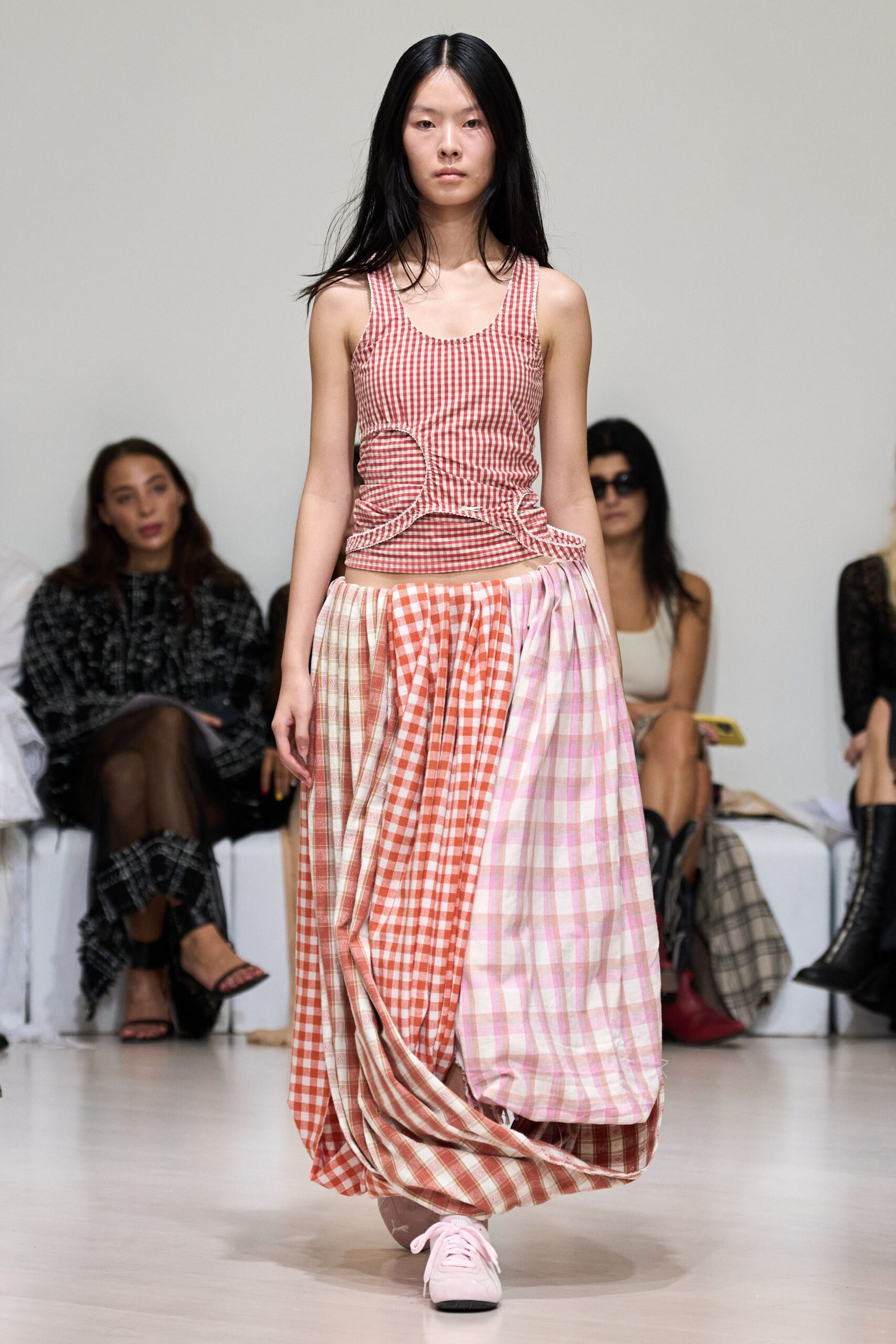 red and white checked tank-top with maxi skirt