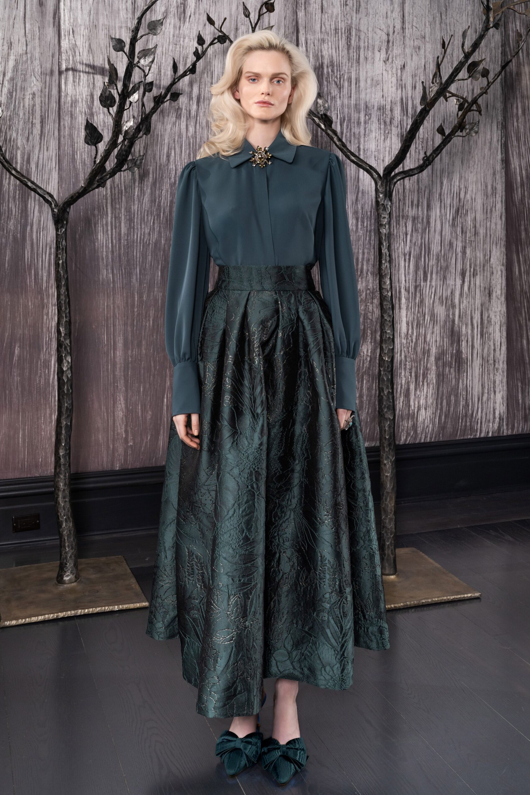 green silk fitted pleated maxi skirt