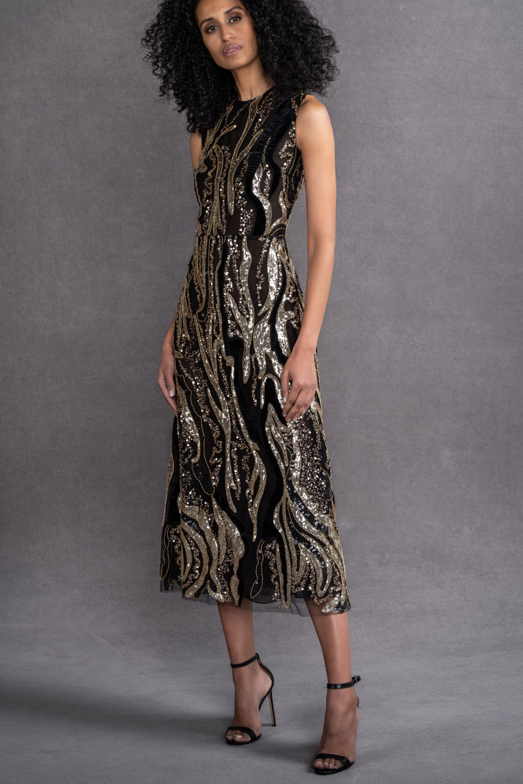 black and gold embellished midi dress