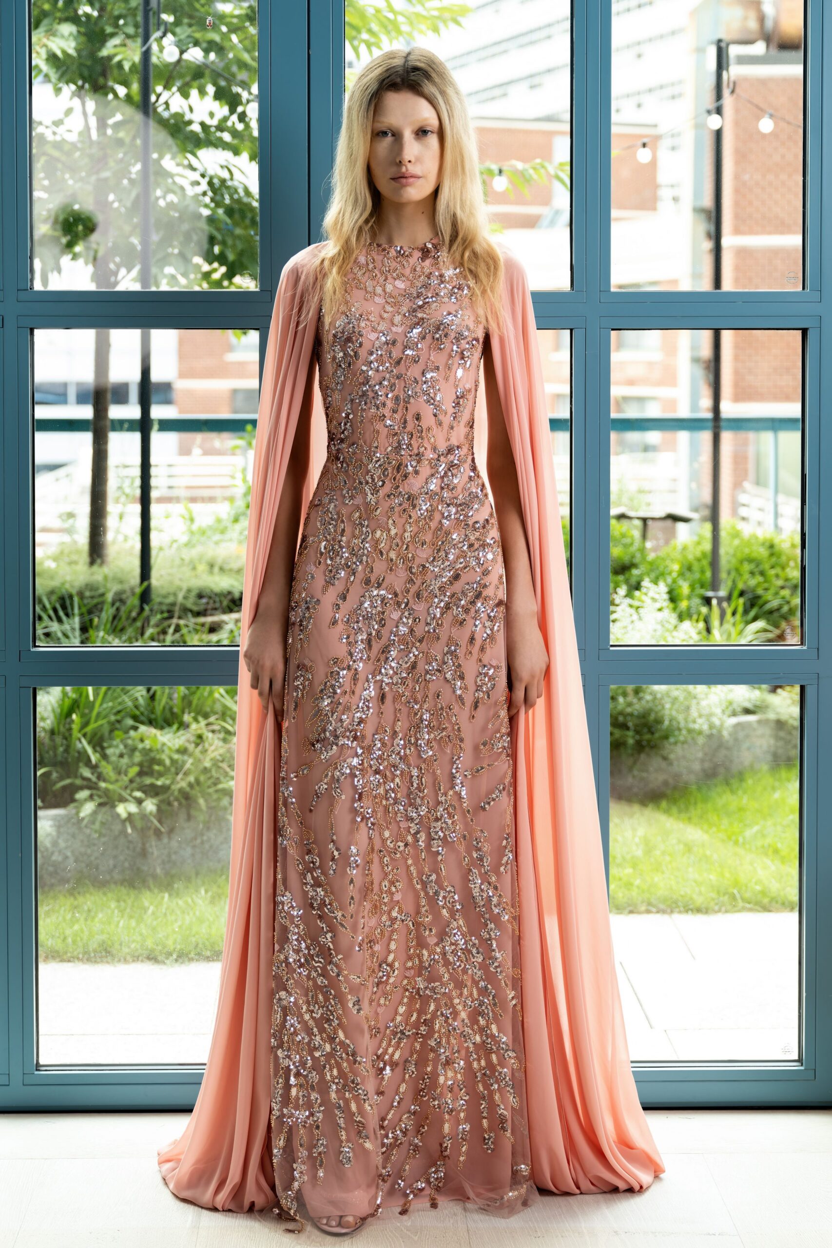 pink silk sleeveless high-neck fitted embellished shiny gown