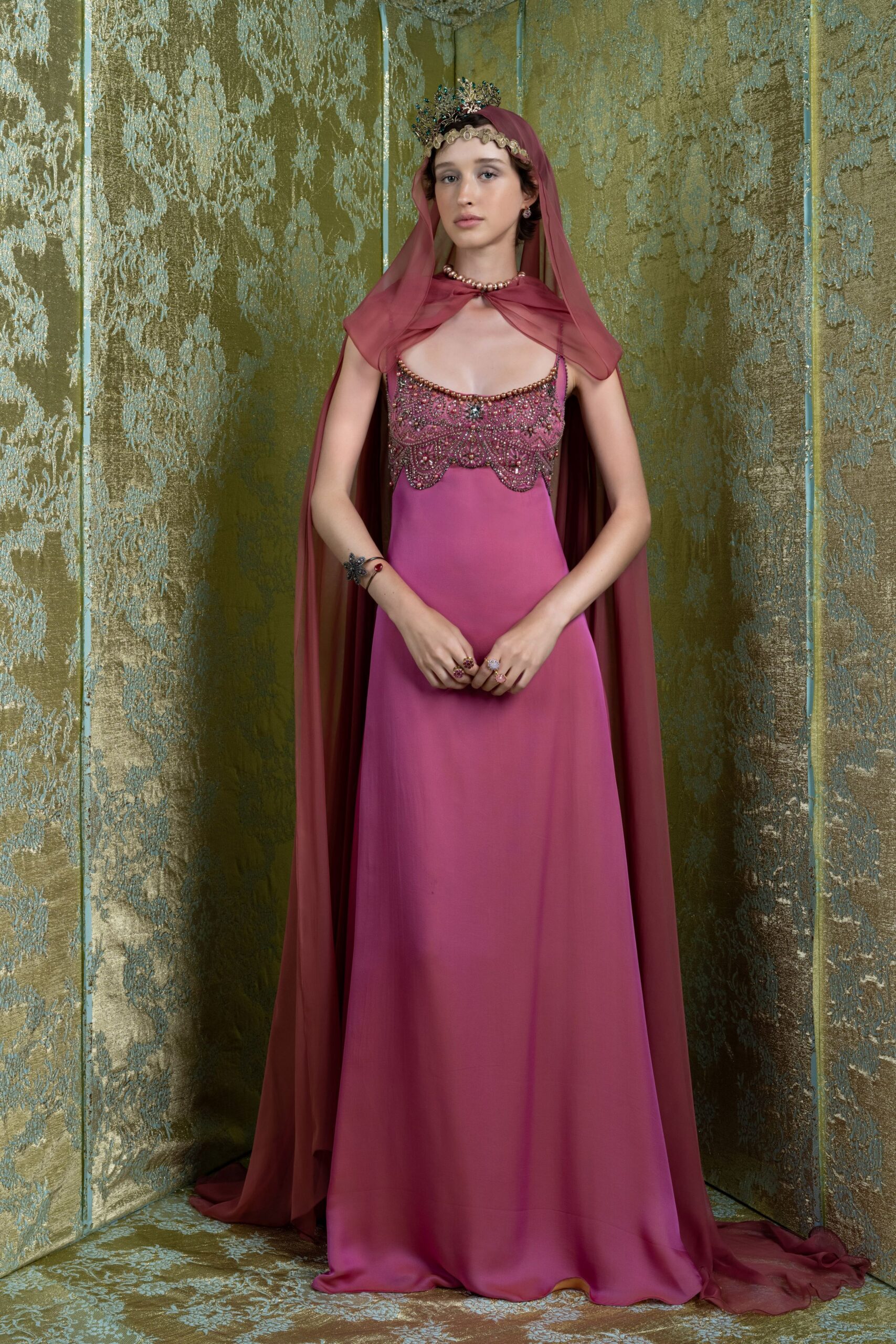 pink silk gown with cape