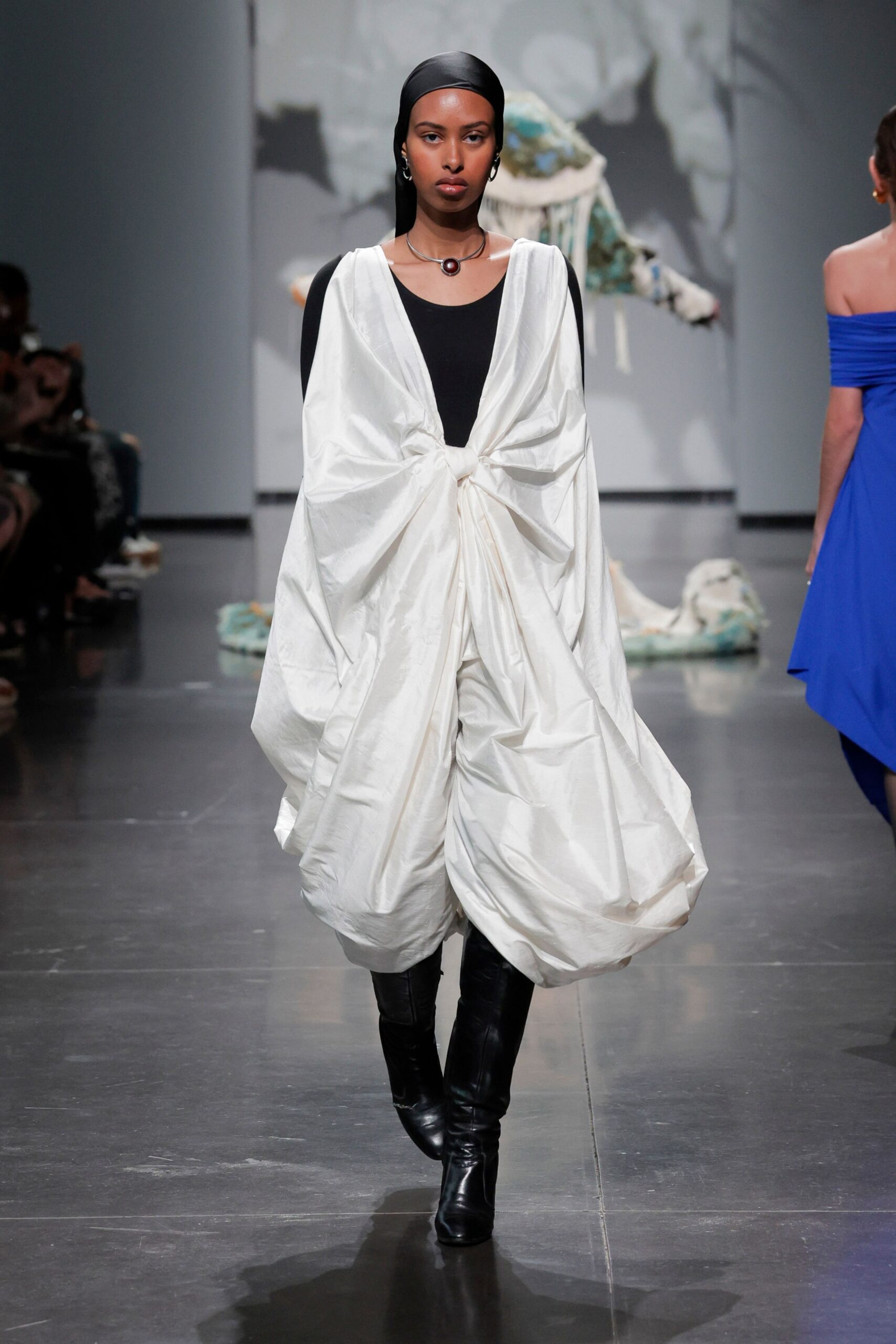 white draped midi dress with black boots