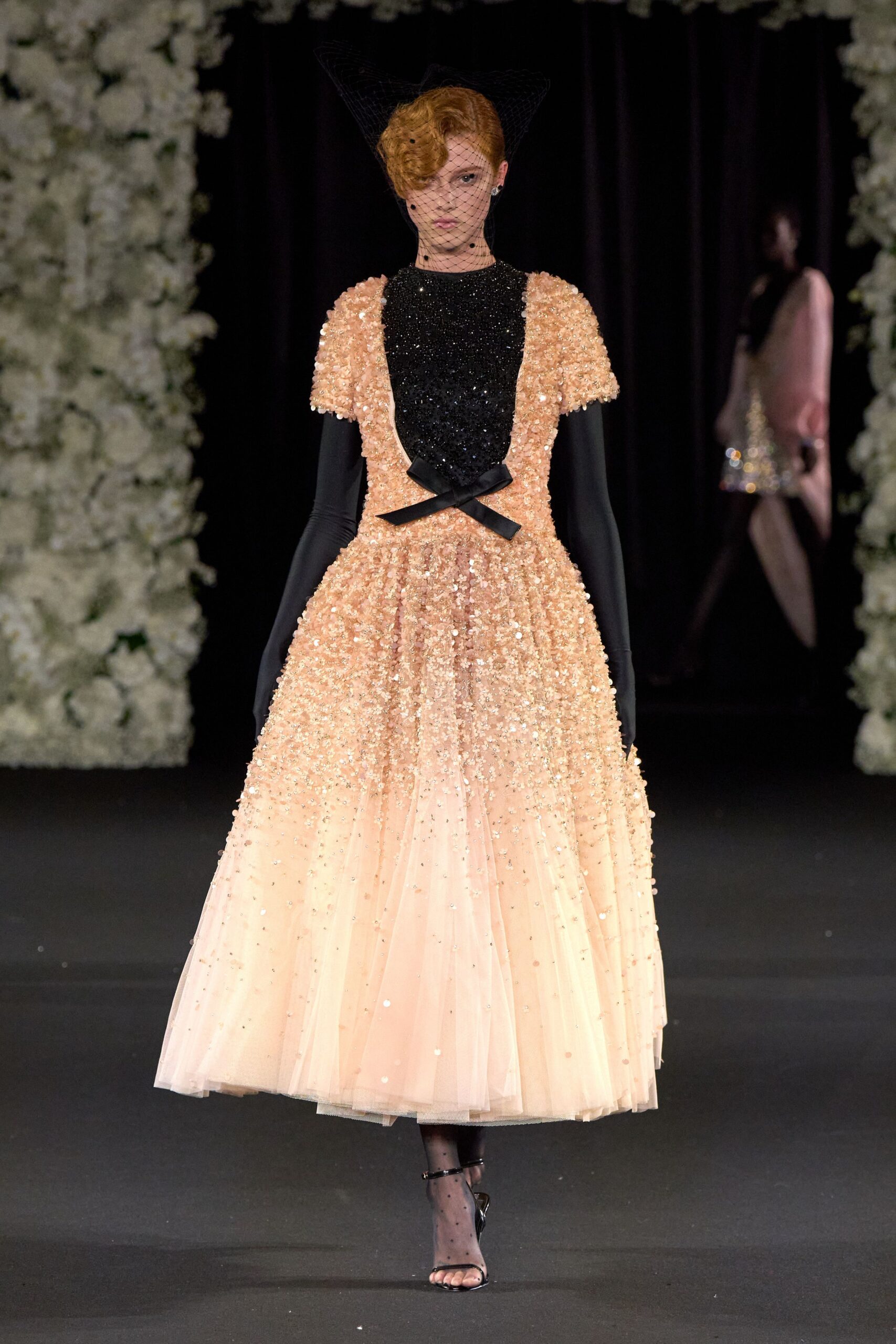 black and peach beaded midi dress
