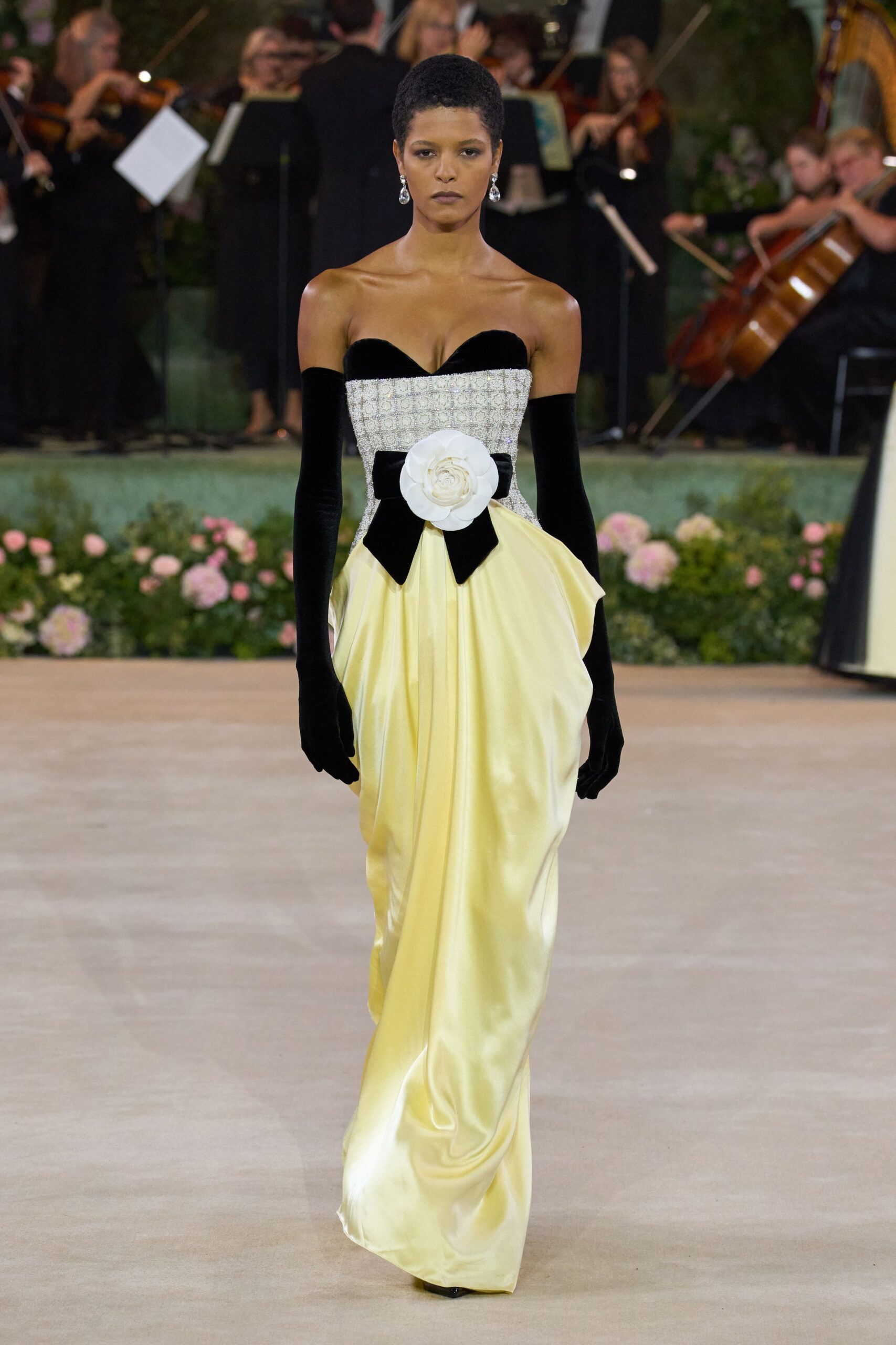 yellow silk strapless fitted pleated embellished maxi gown