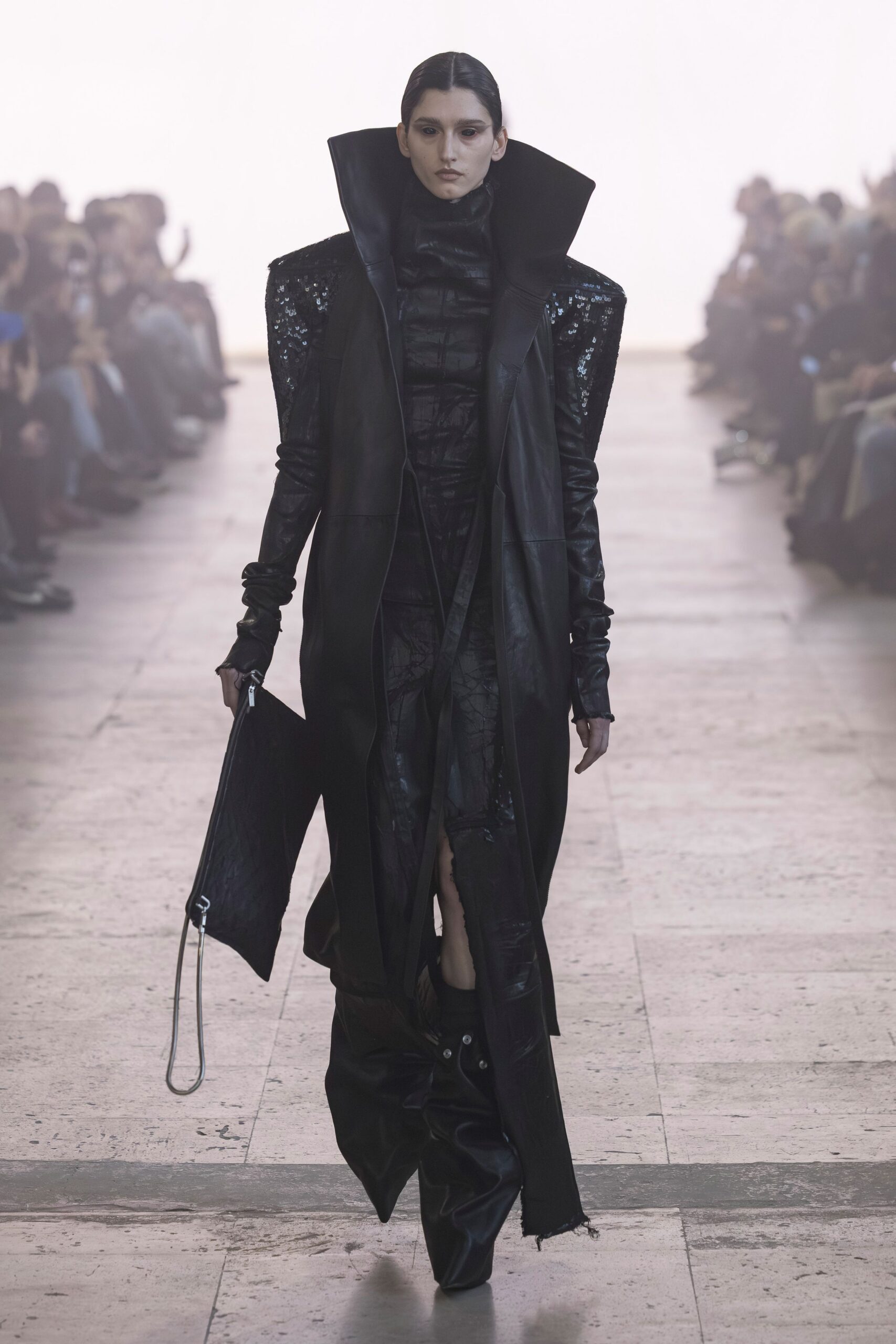 black leather long-sleeve high-neck fitted zippered jumpsuit