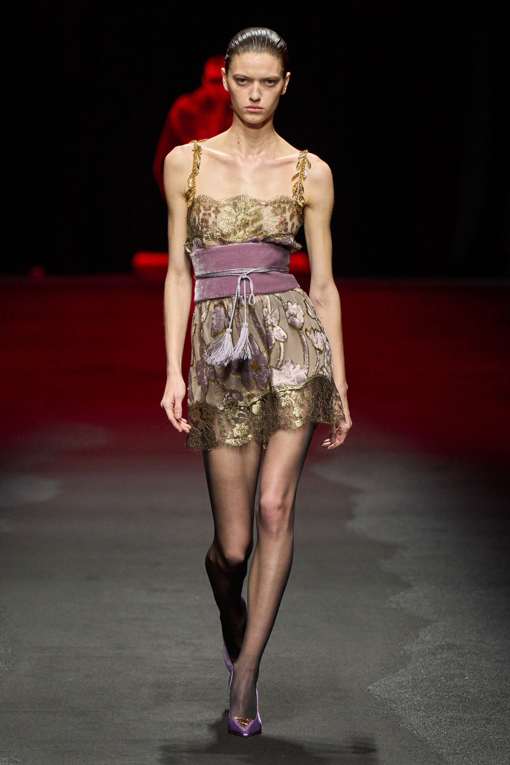 gold silk sleeveless v-neck fitted ruffled embroidered mini-dress