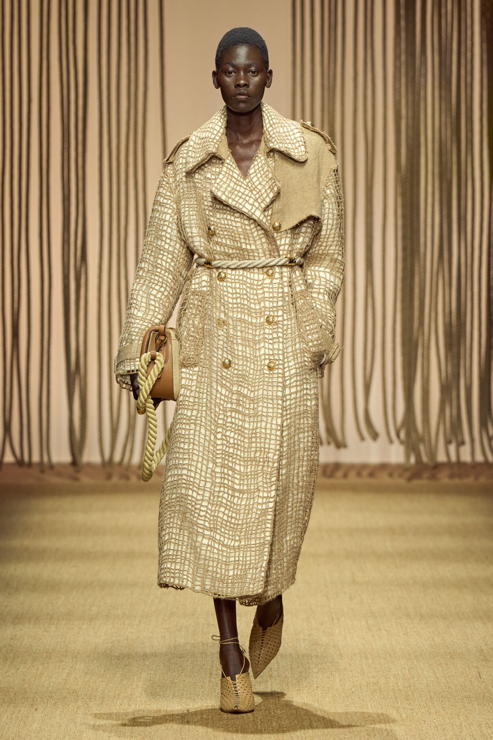 beige cotton long-sleeve collared relaxed buttoned textured trench