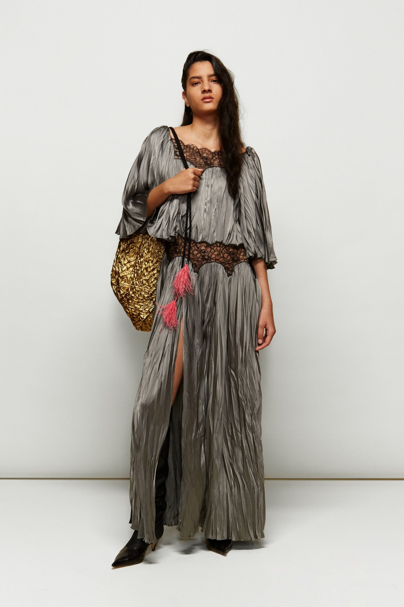 gray silk long-sleeve off-shoulder relaxed pleated draped gown