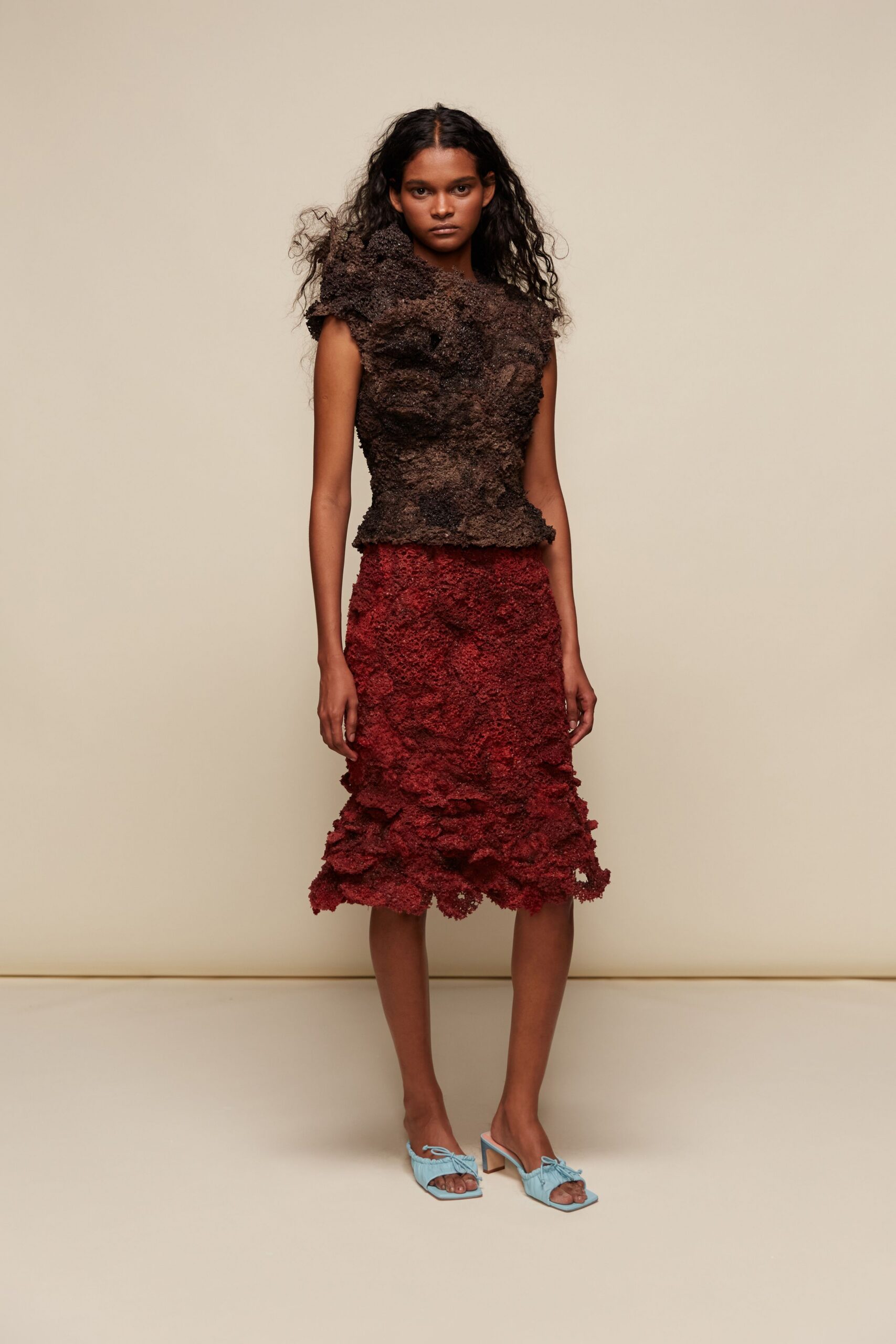 red lace fitted tiered midi skirt