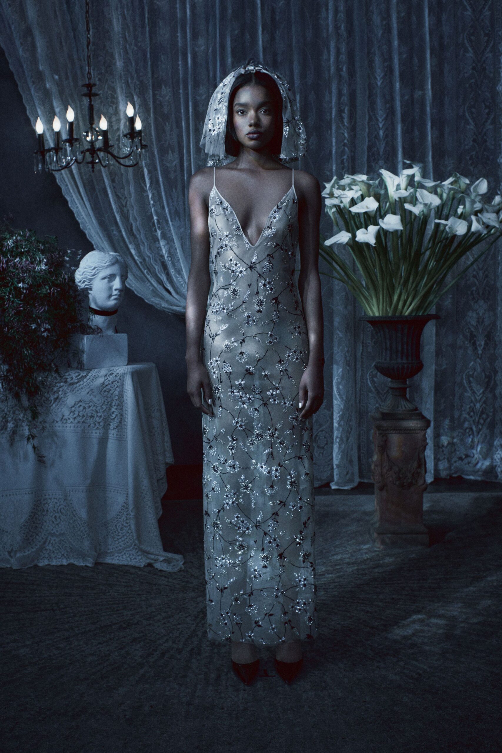 gray silk sleeveless v-neck fitted embroidered sheer gown