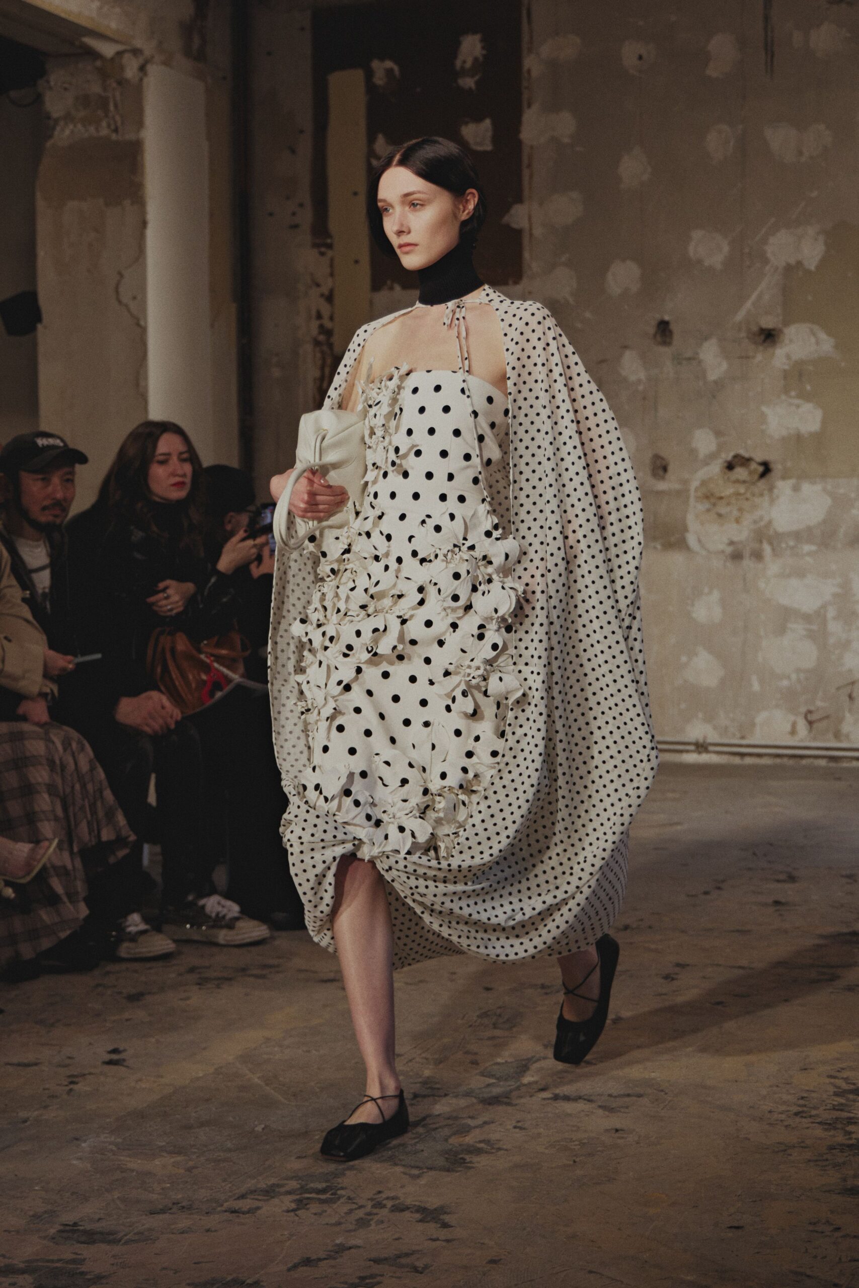 white silk sleeveless high-neck relaxed draped polka-dot dress