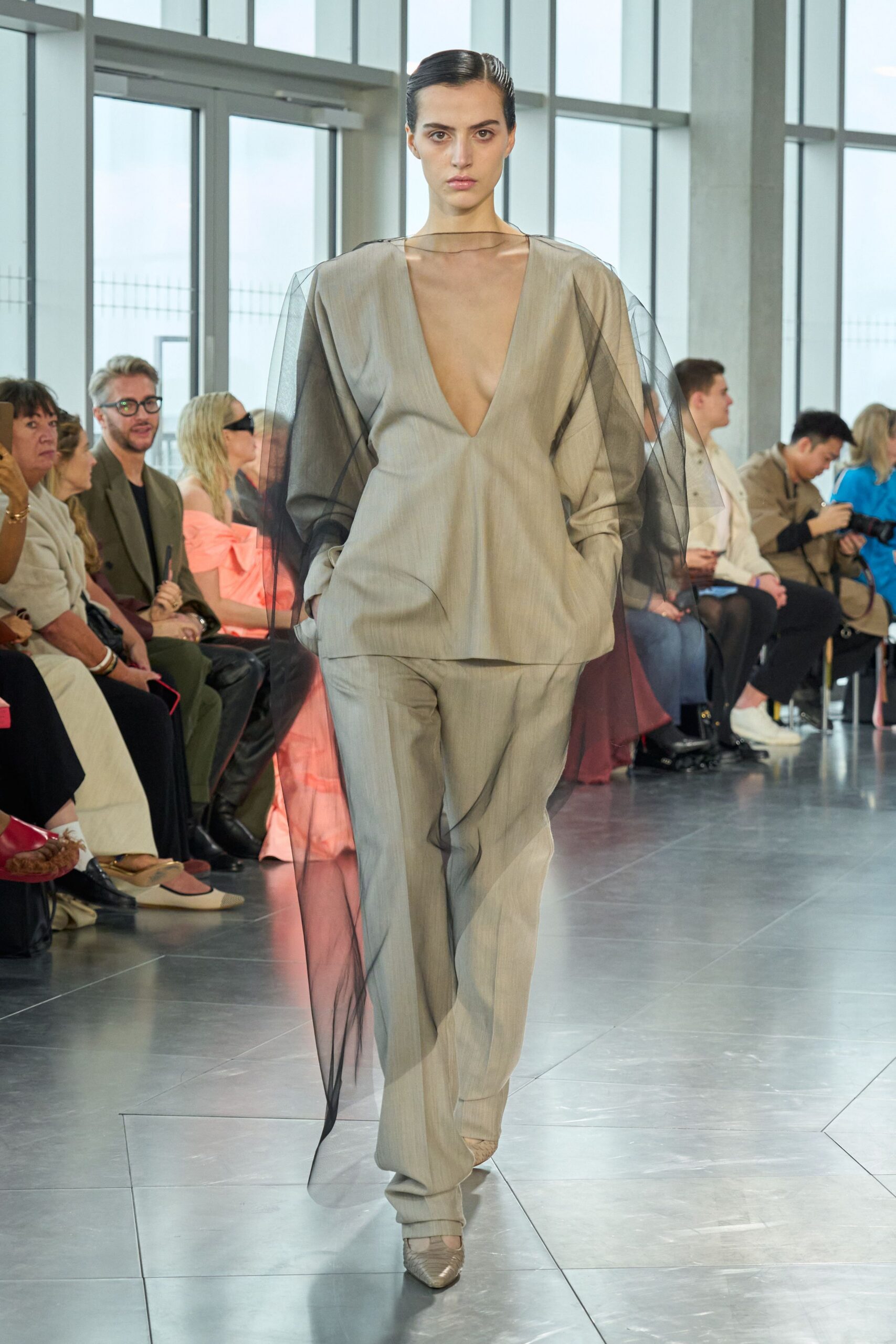 beige silk long-sleeve v-neck tailored pleated pants