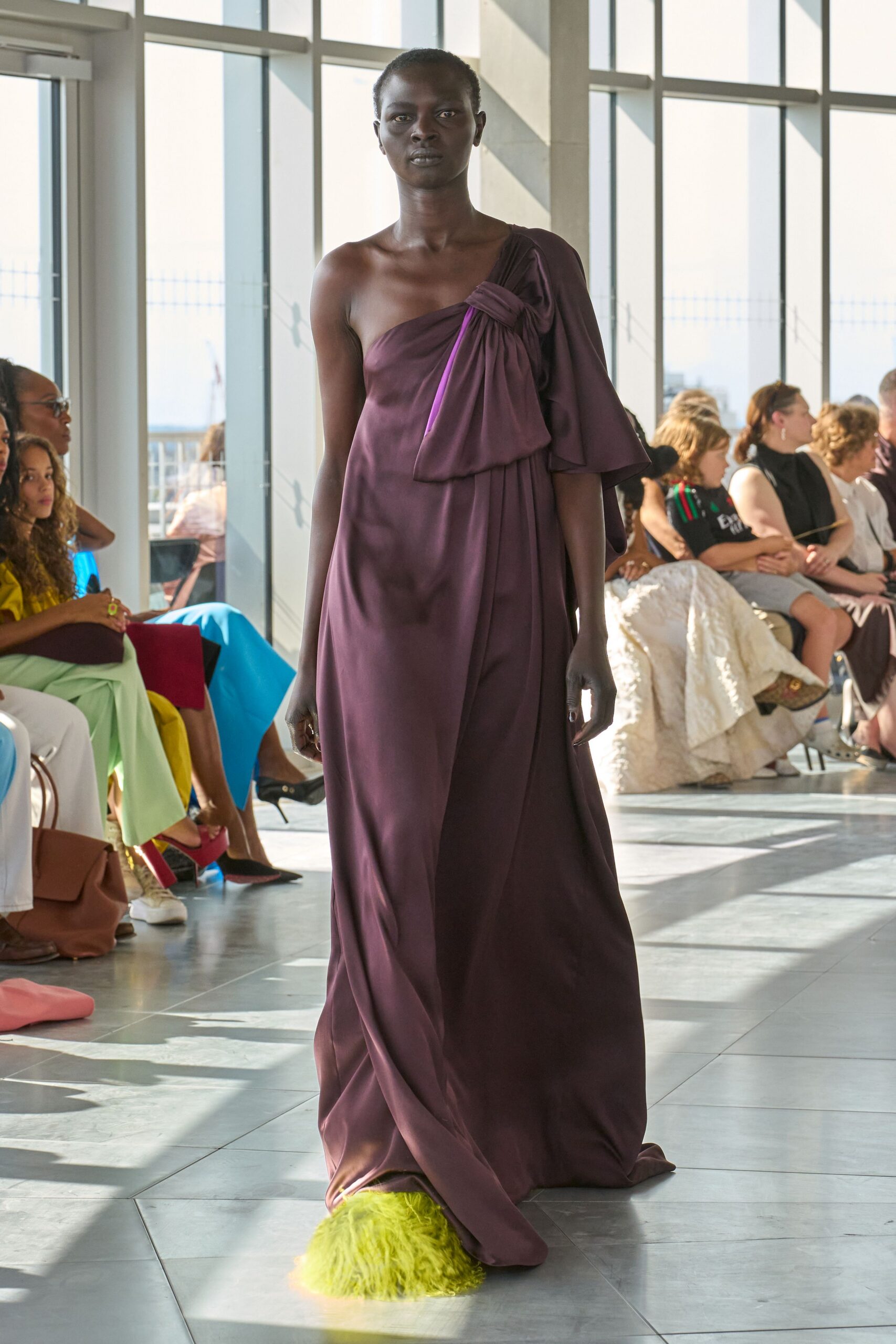 purple silk off-shoulder gown