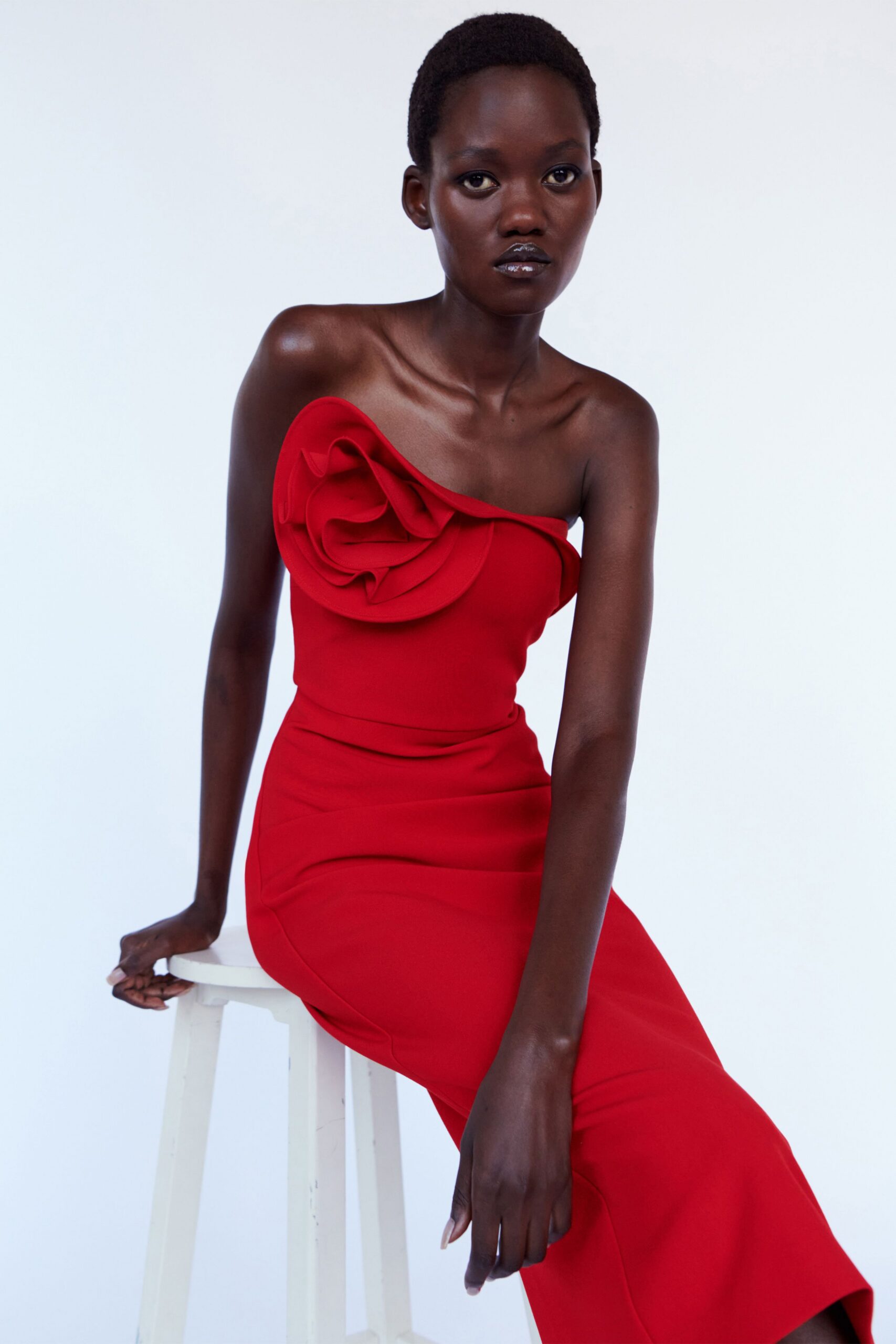 red strapless fitted gown