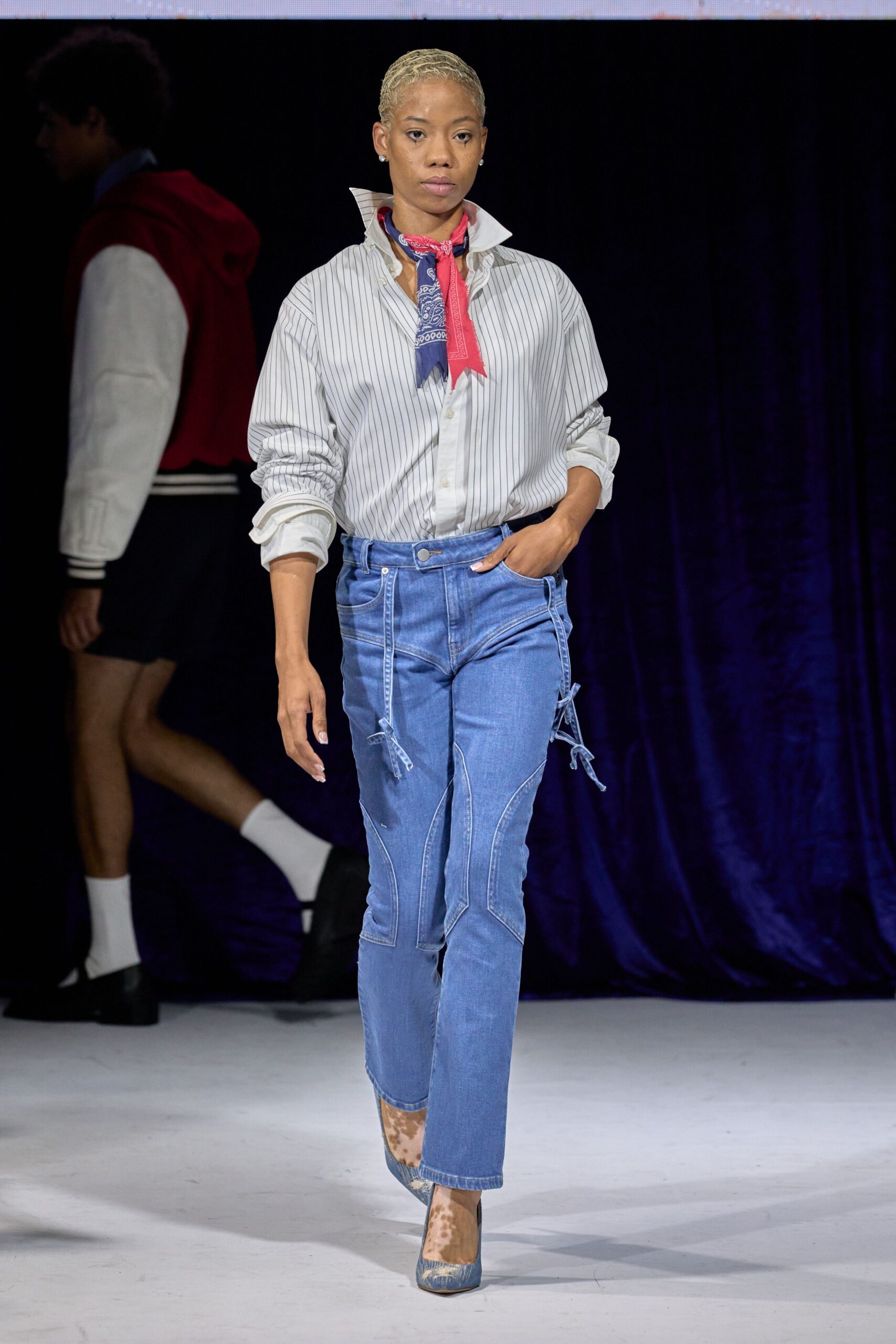 blue denim fitted zippered pants