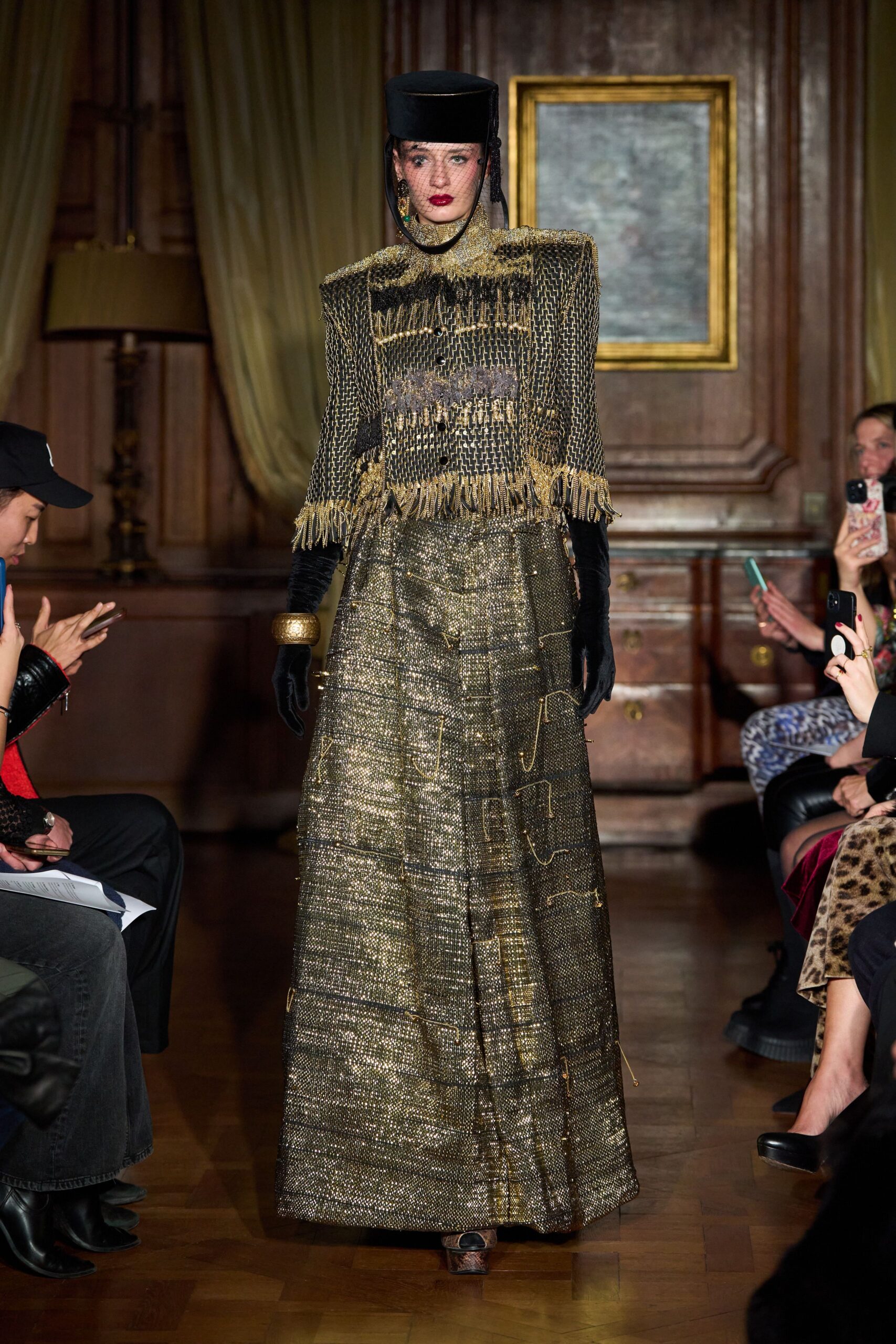 gold metallic long-sleeve fitted fringed layered shiny gown