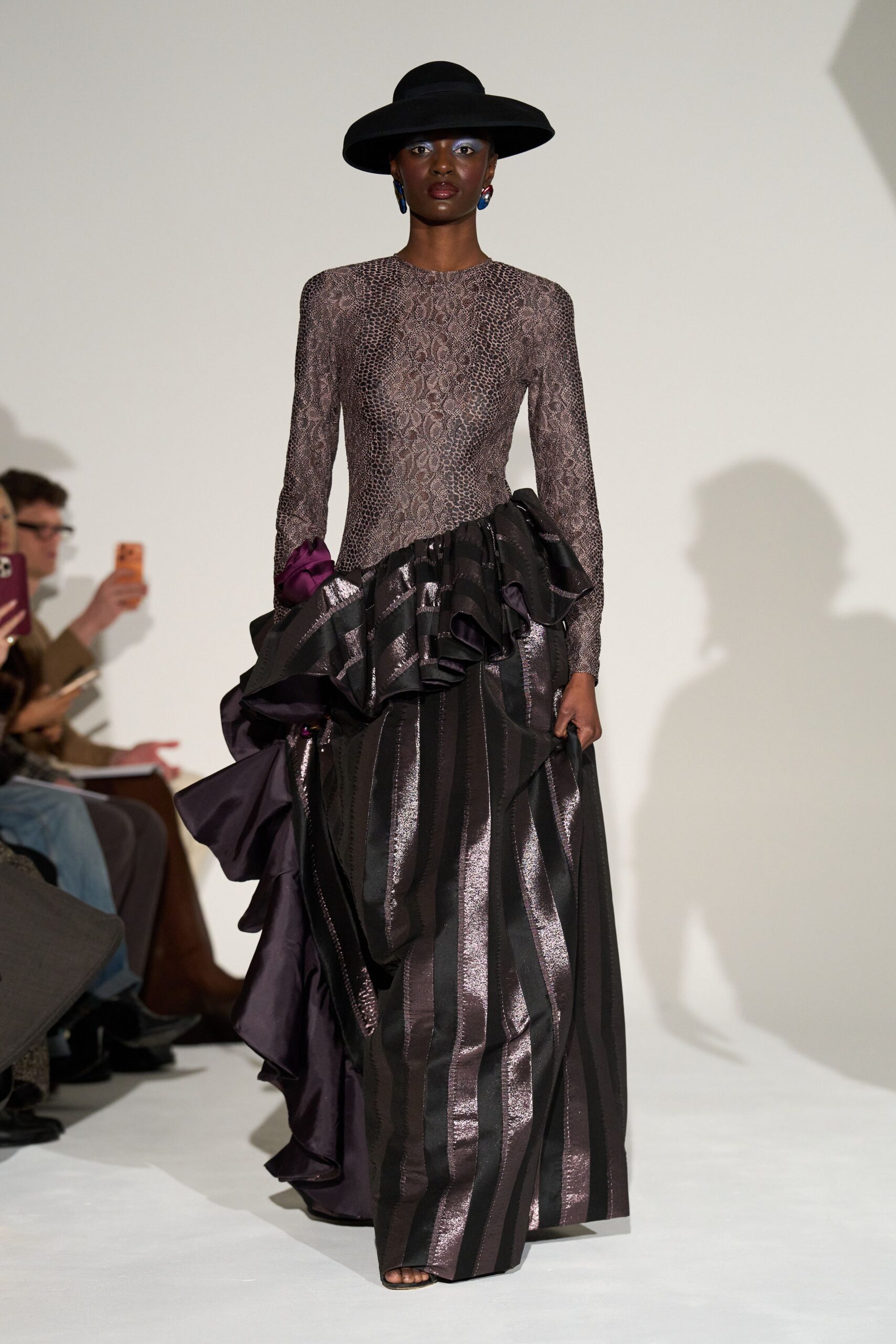 black silk long-sleeve v-neck fitted striped ruffled gown