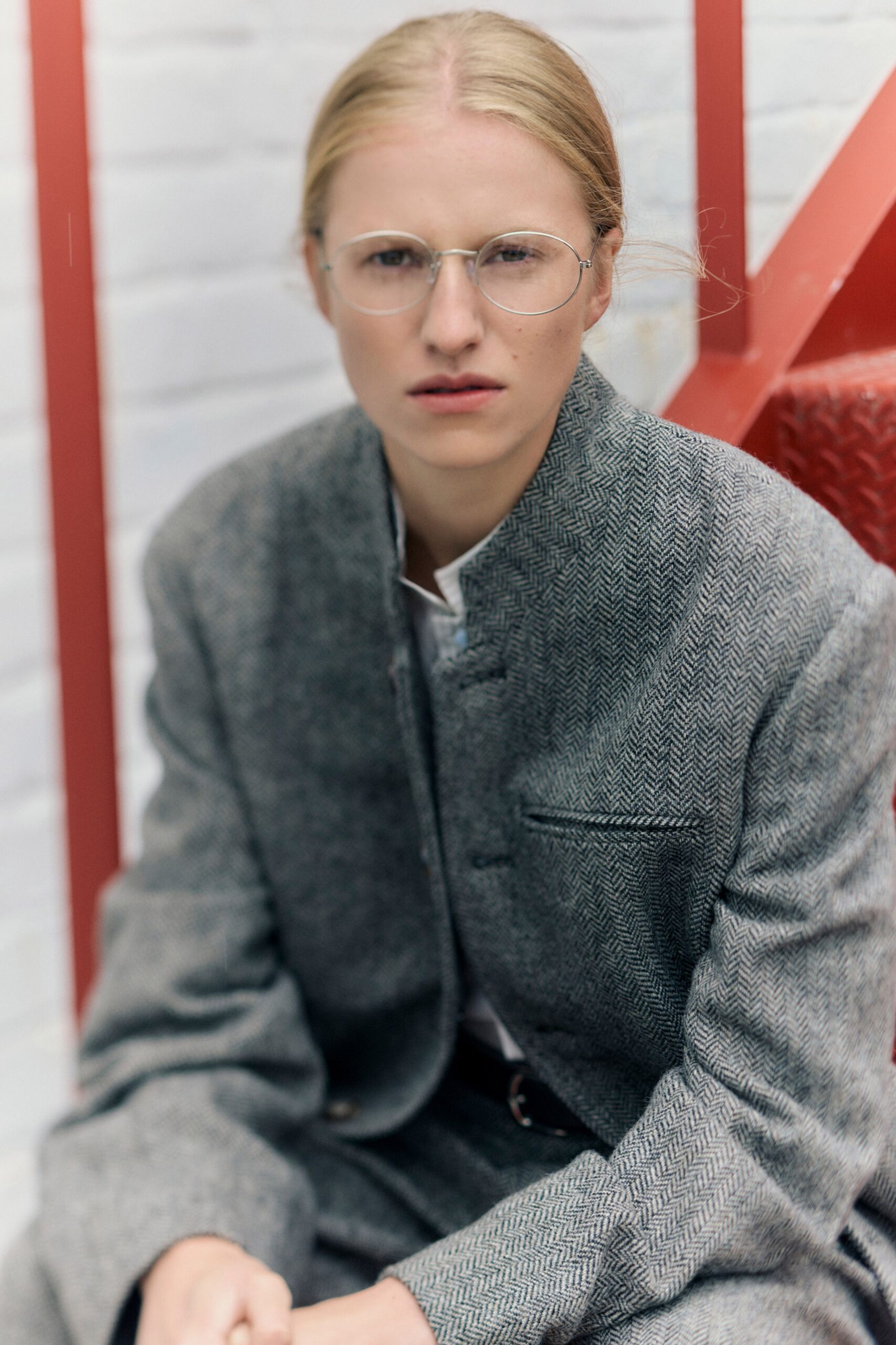 gray tweed tailored blazer and white shirt