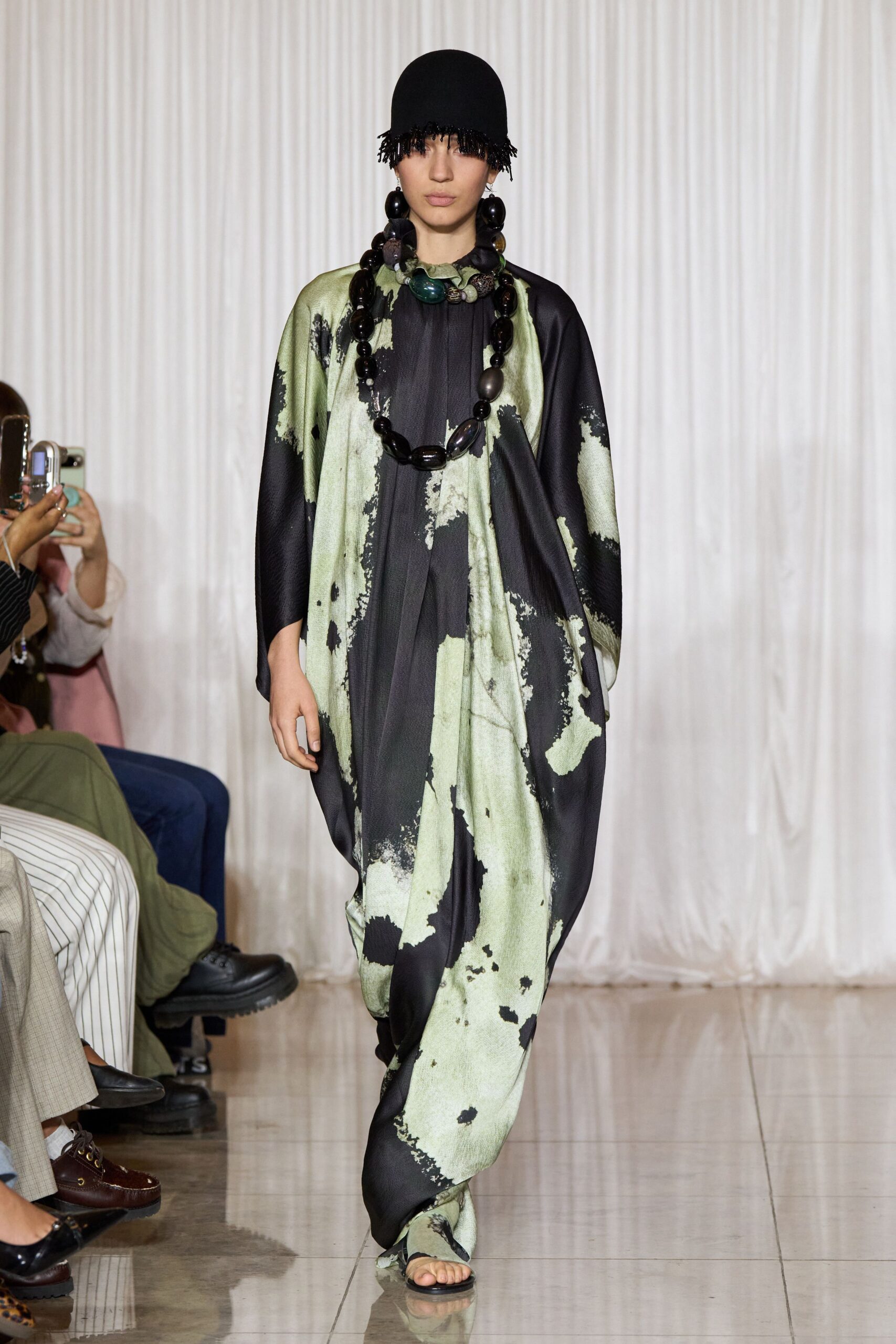 black silk sleeveless high-neck relaxed printed flowing dress