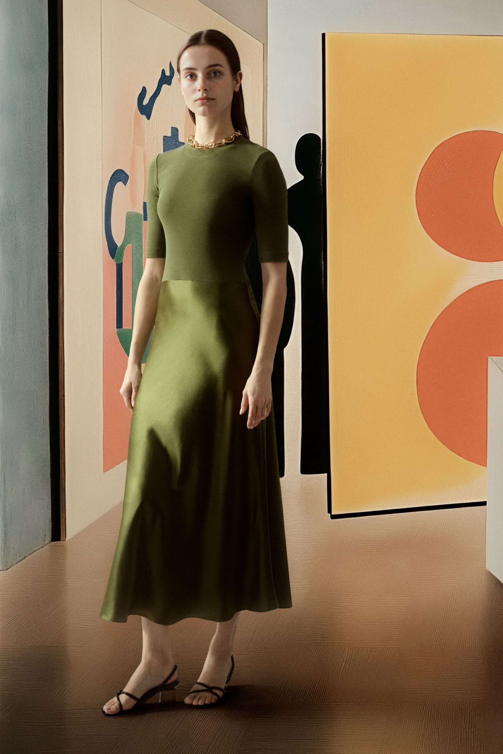green fitted maxi dress with strappy shoes