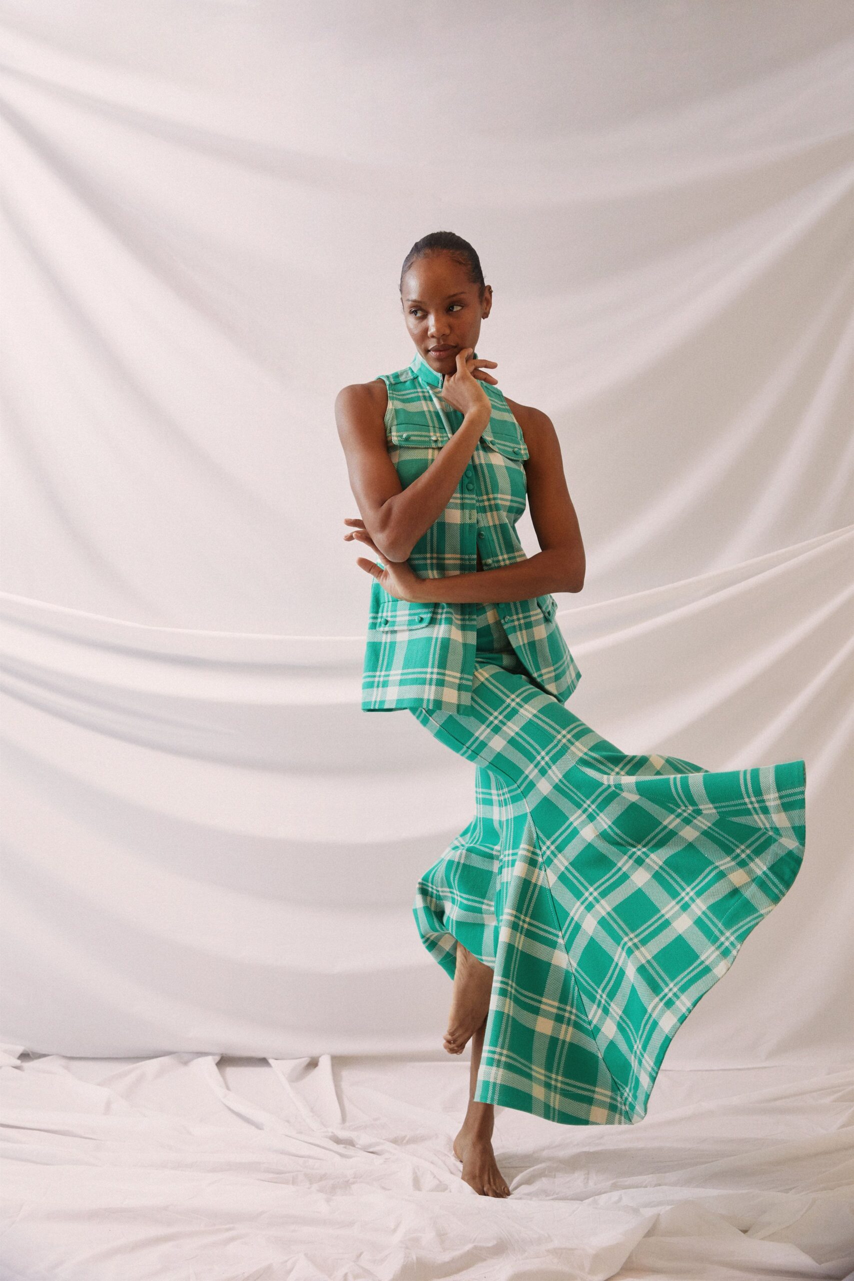 green cotton fitted checked flared maxi skirt