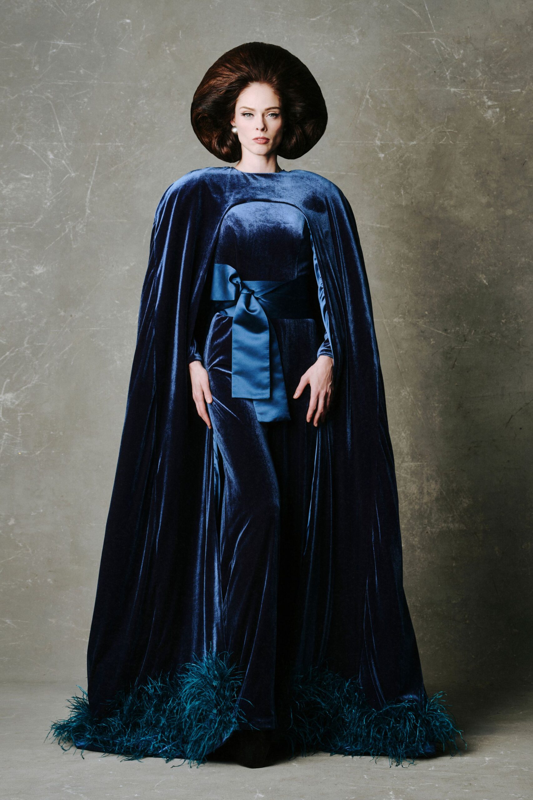 blue velvet cape and jumpsuit