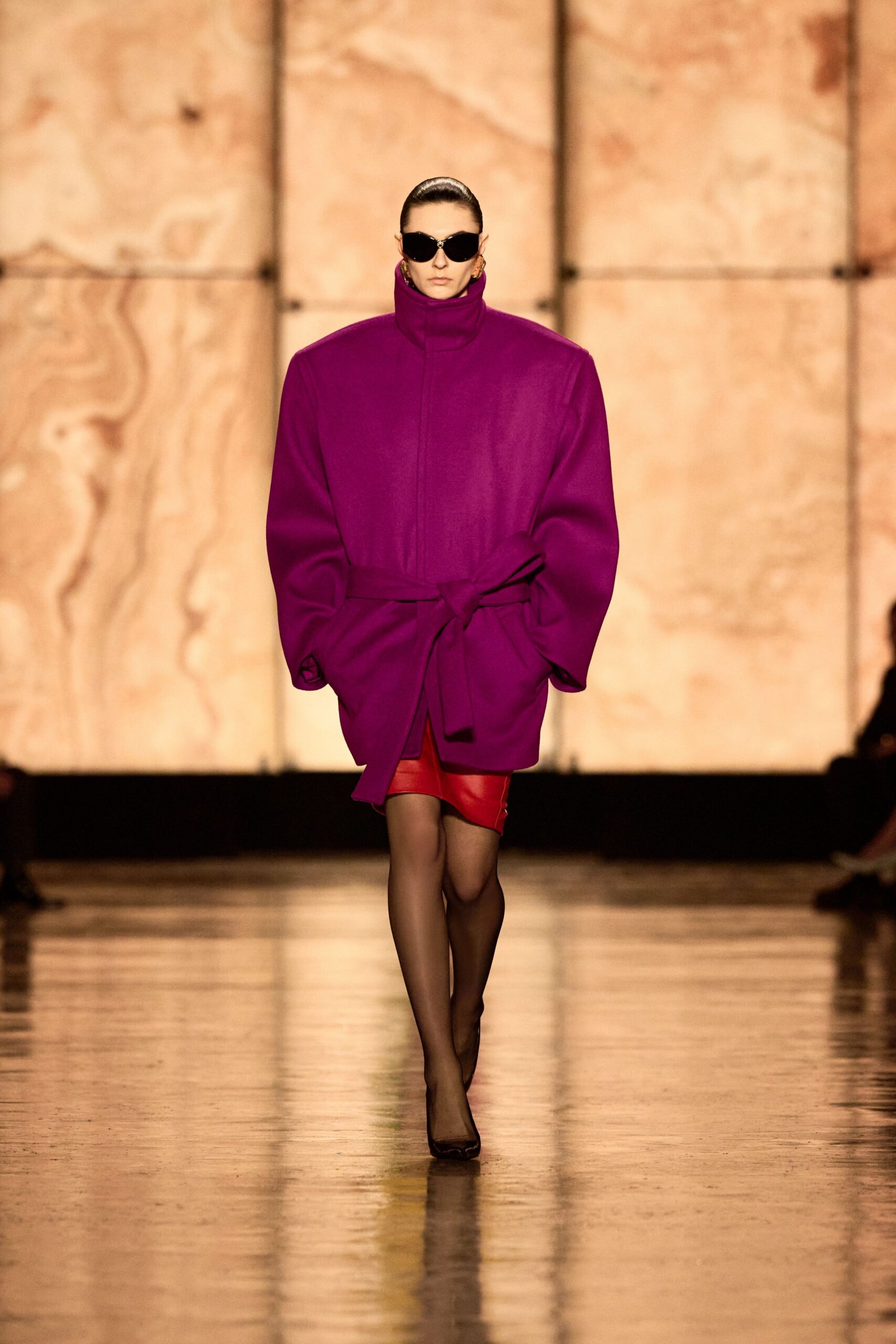 purple wool long-sleeve collared oversized belted coat