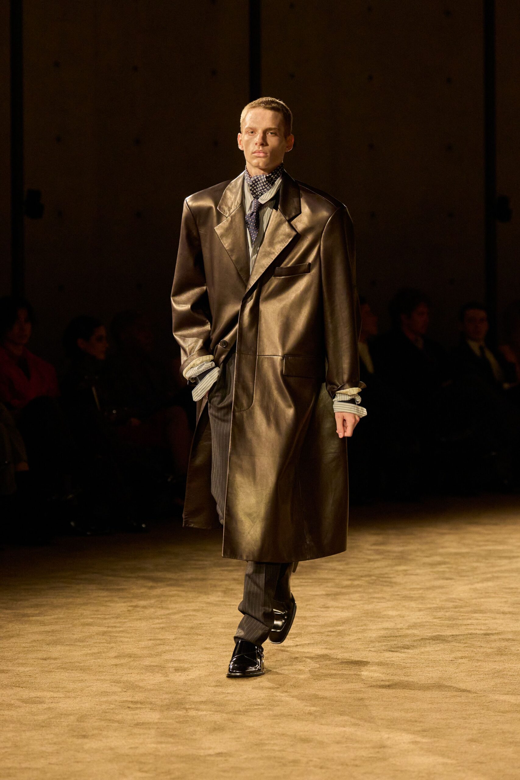 brown leather long-sleeve collared oversized buttoned coat