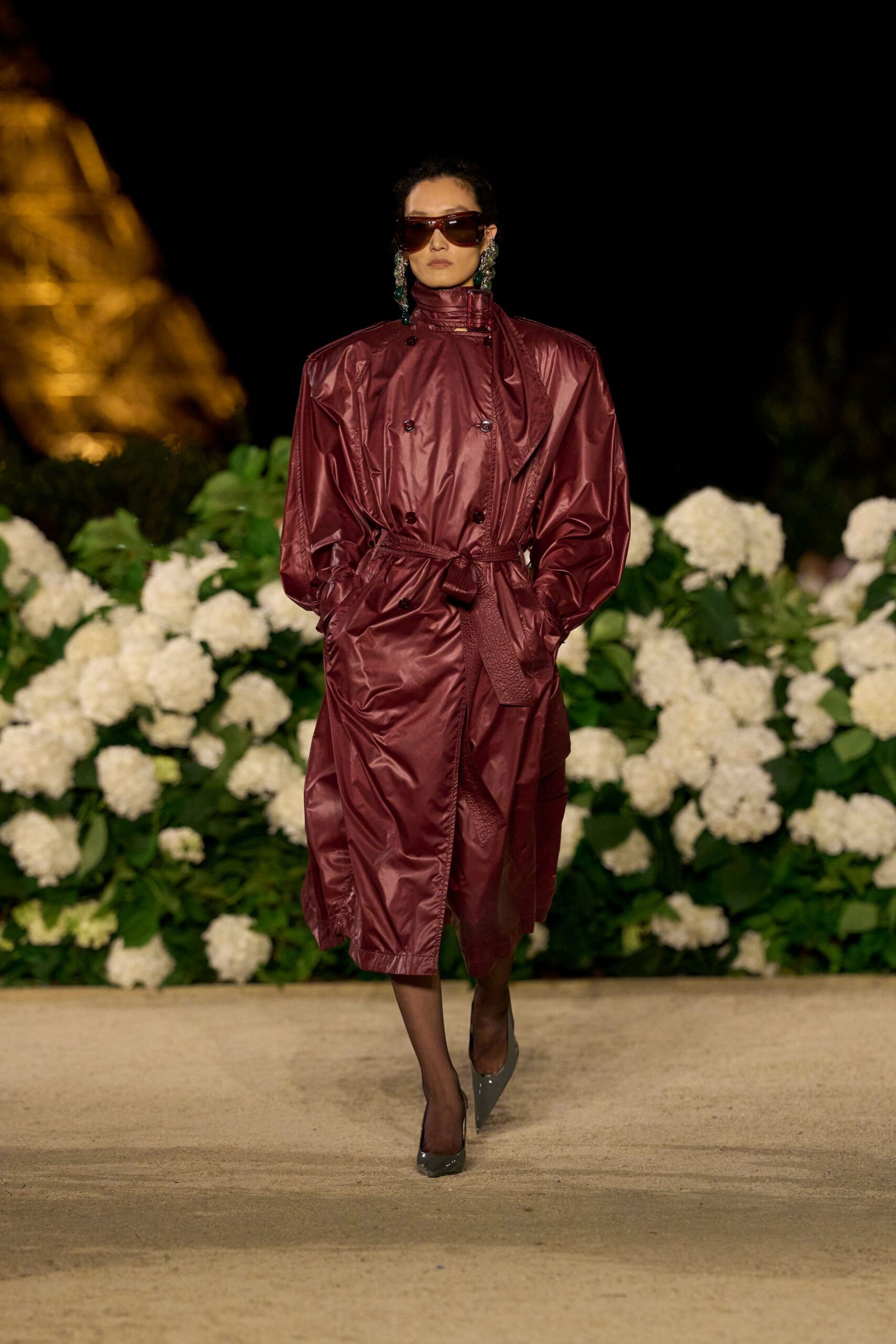 maroon vinyl long-sleeve collared oversized belted midi coat