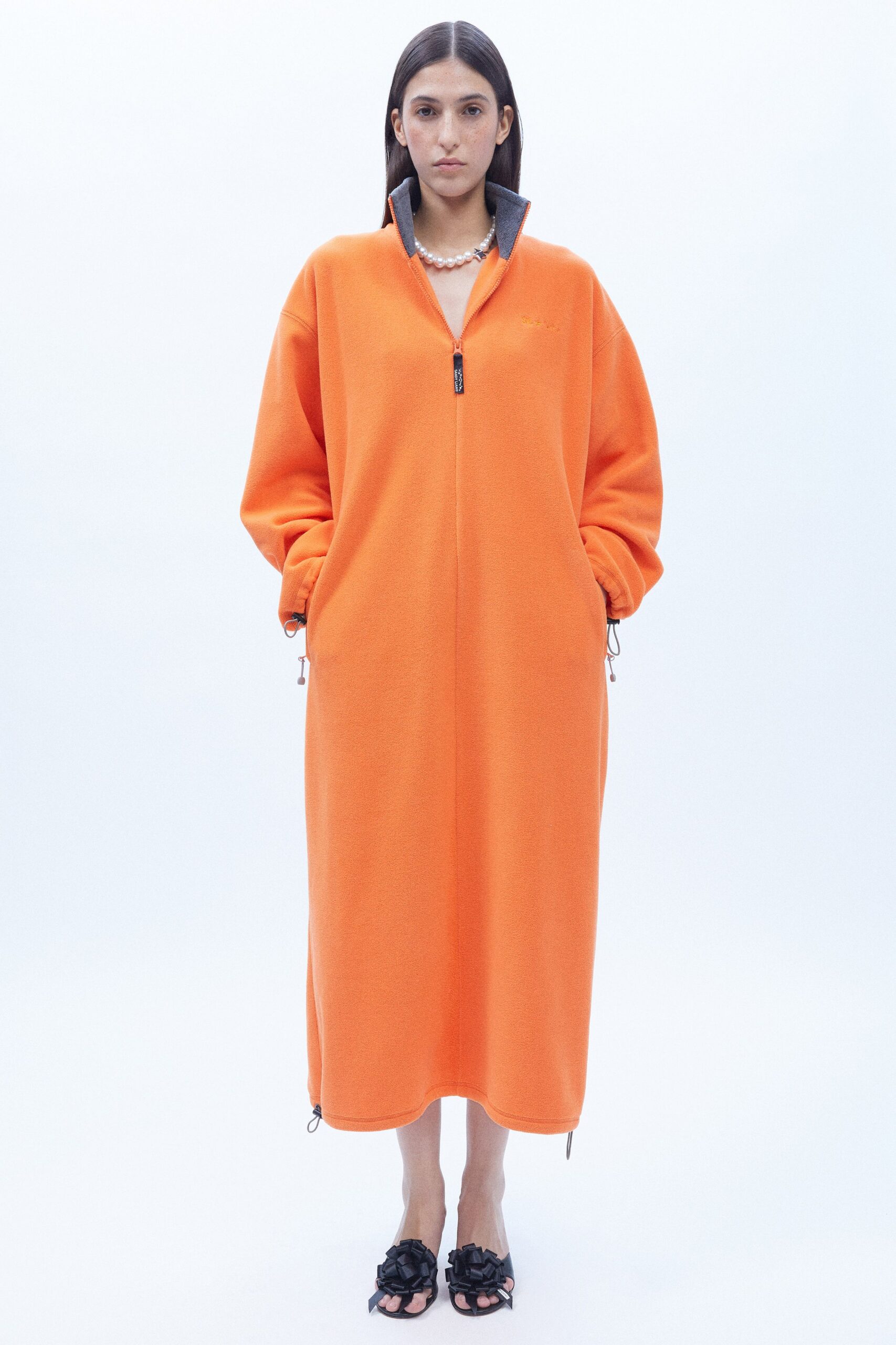 orange cotton long-sleeve collared relaxed zippered midi dress