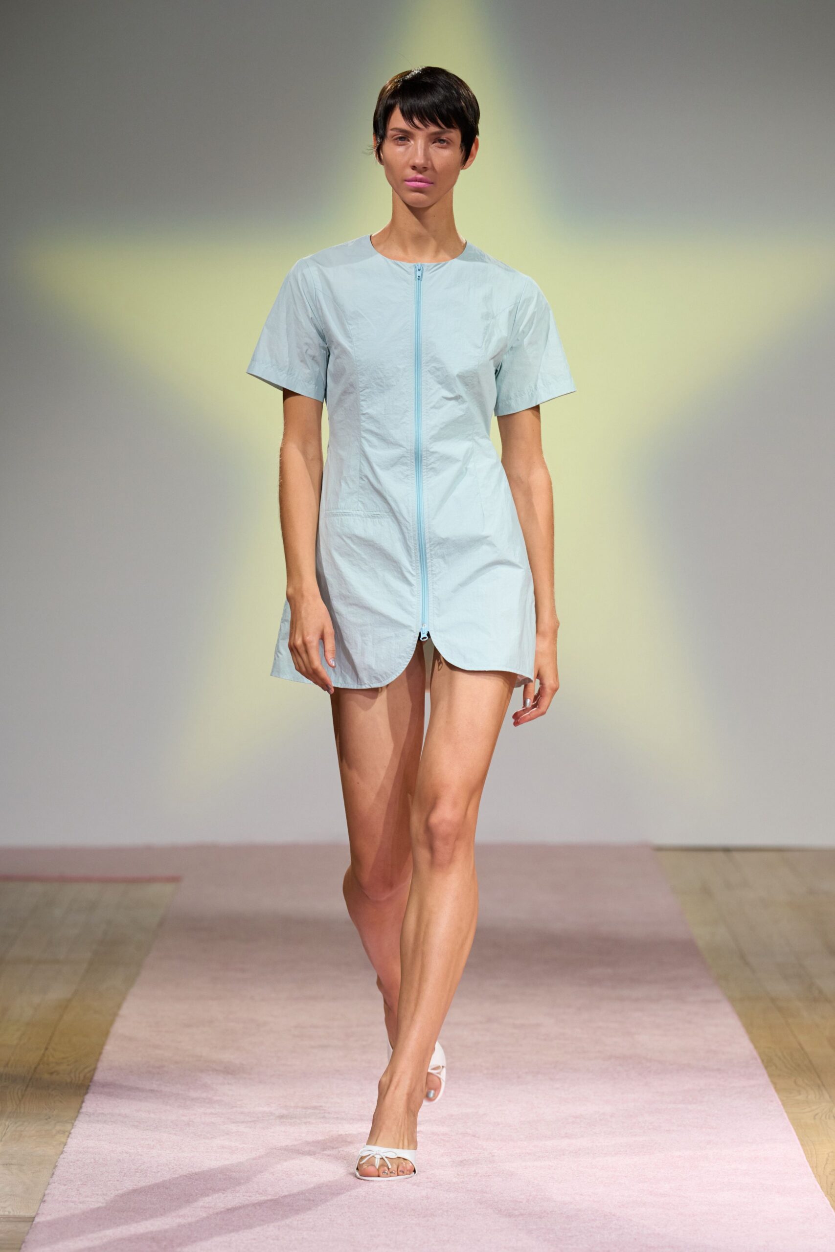 blue cotton short-sleeve collared fitted zippered straight-leg dress