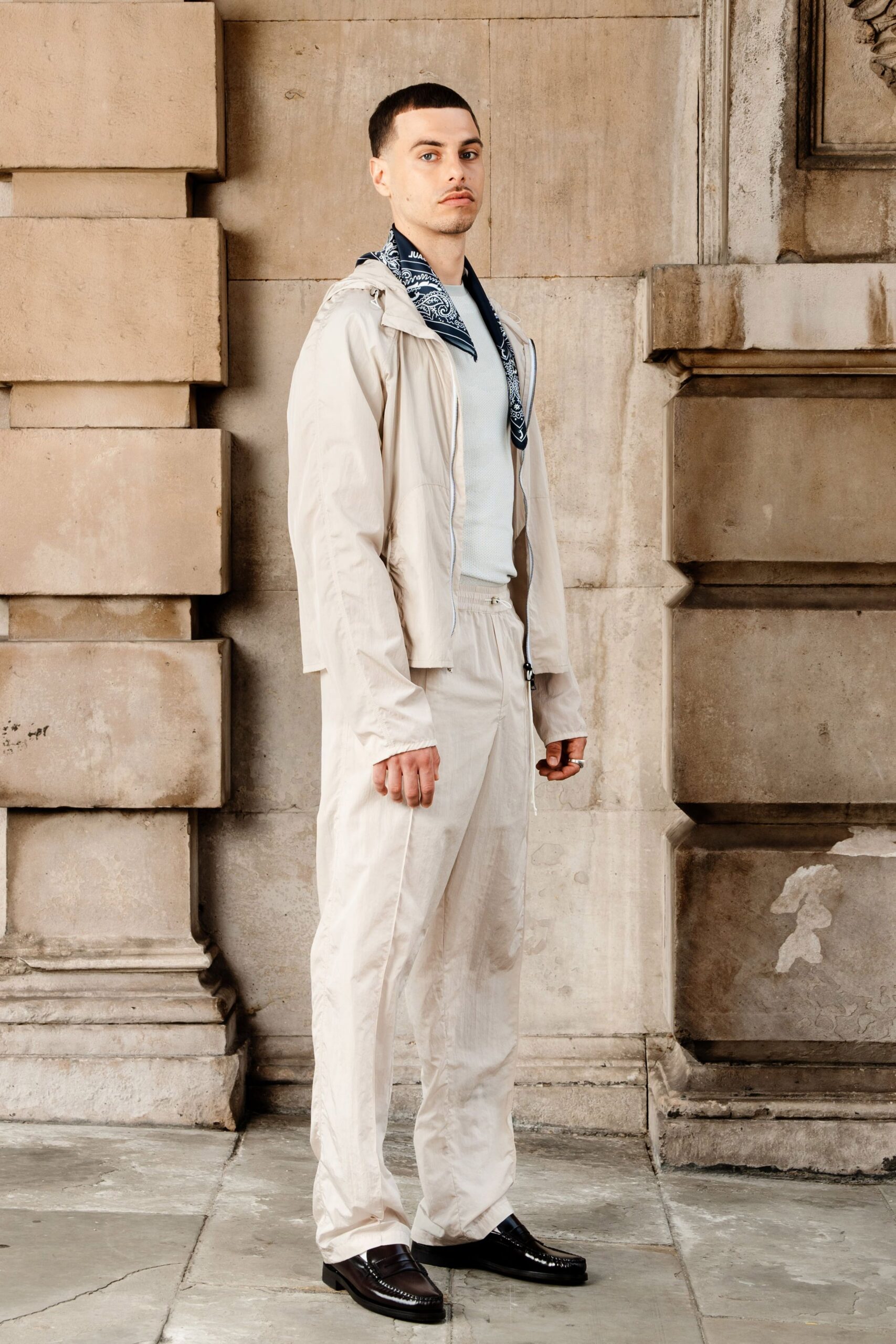 beige relaxed jacket with white shirt