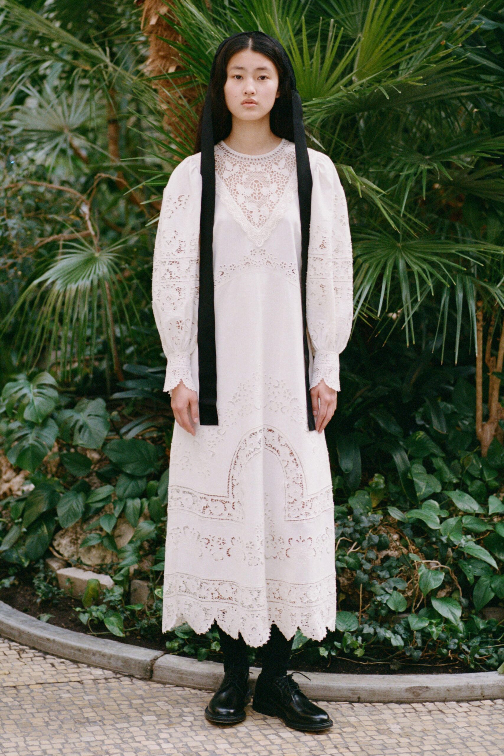 white embroidered maxi dress with black shoes