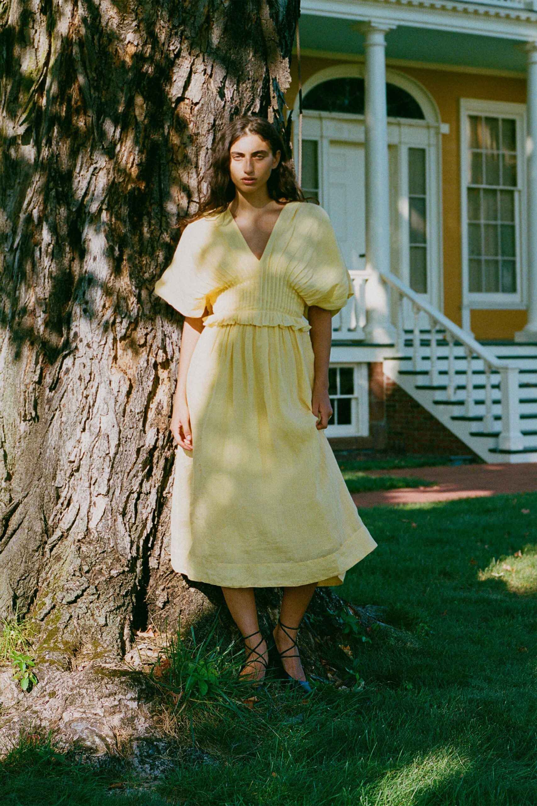 yellow cotton short-sleeve v-neck relaxed tiered midi dress