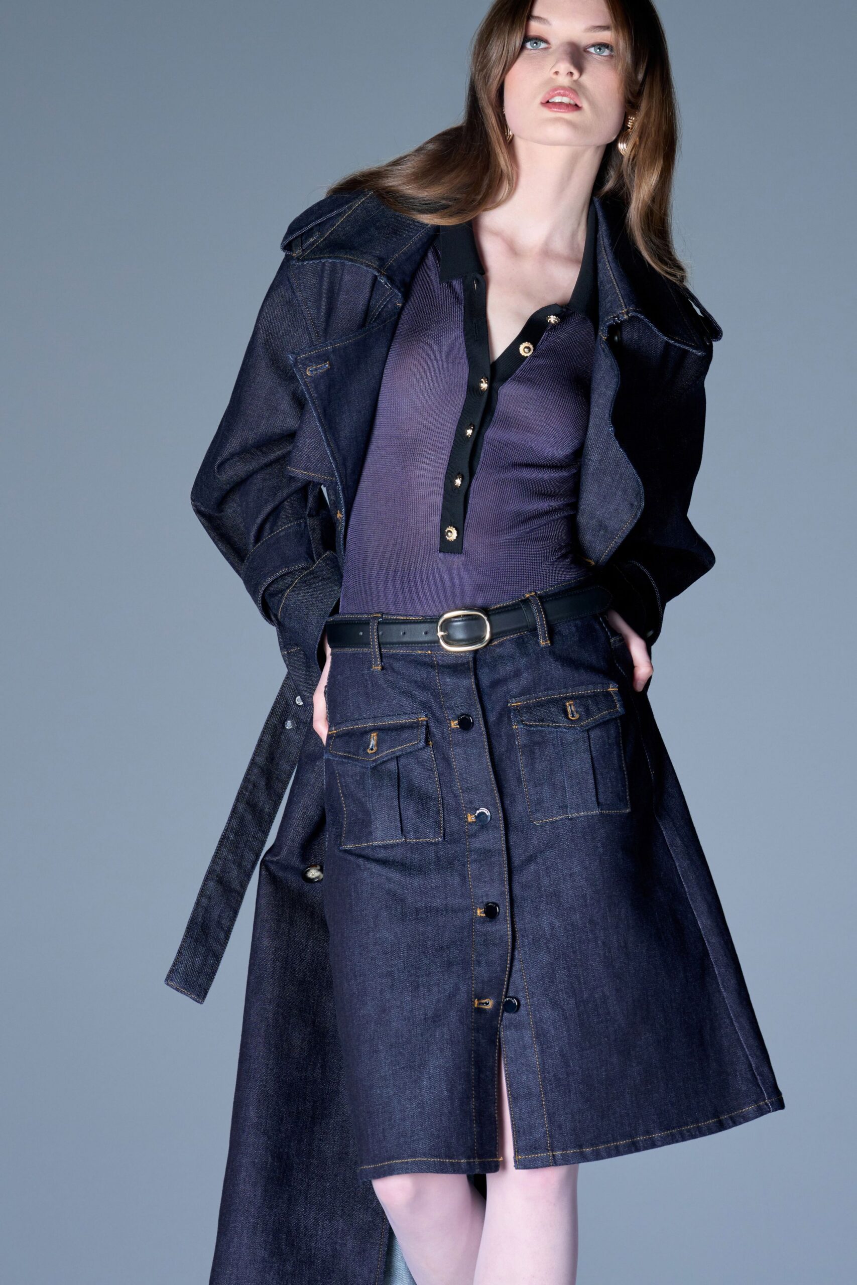 blue denim long-sleeve collared relaxed buttoned pockets coat