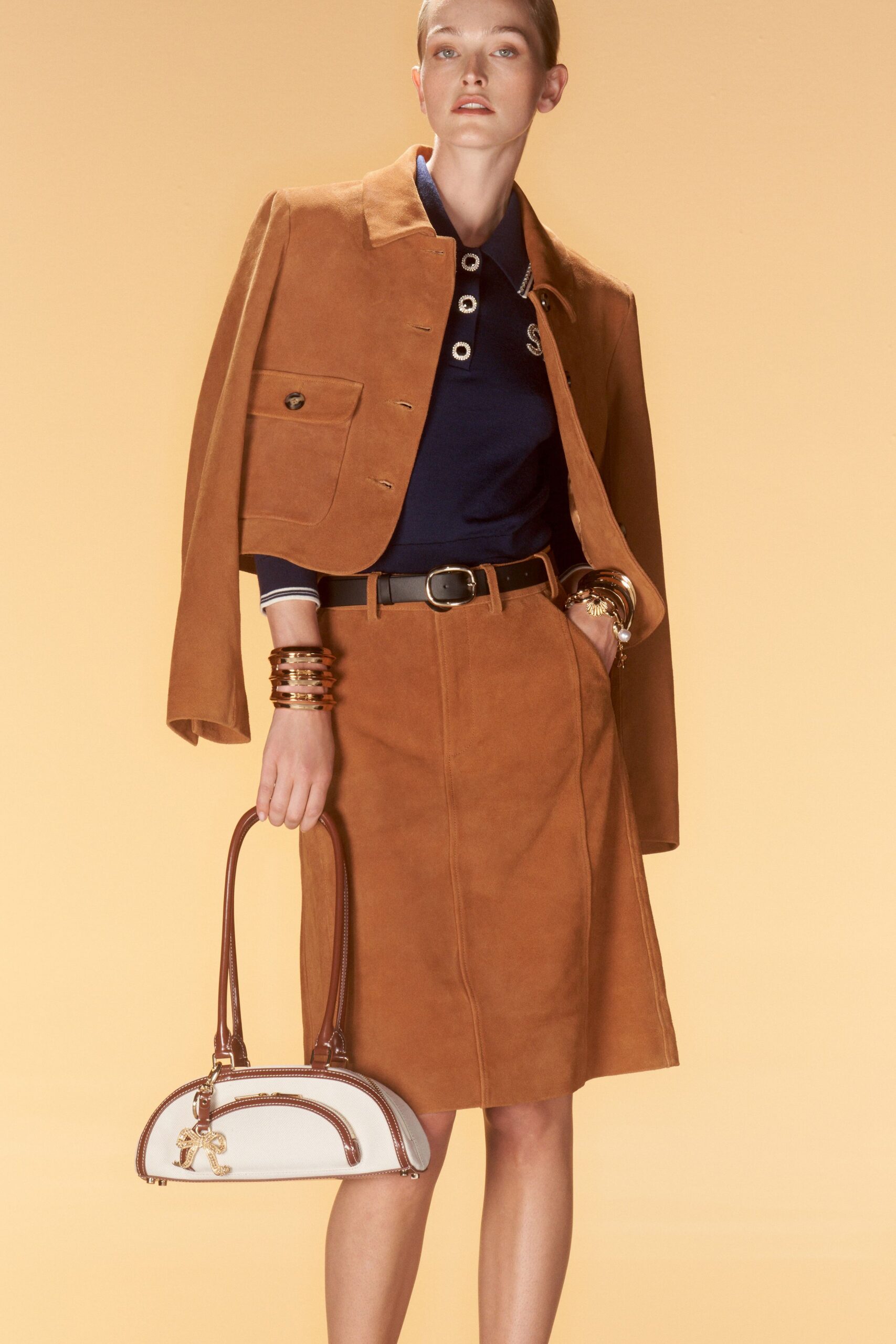 brown suede jacket and skirt